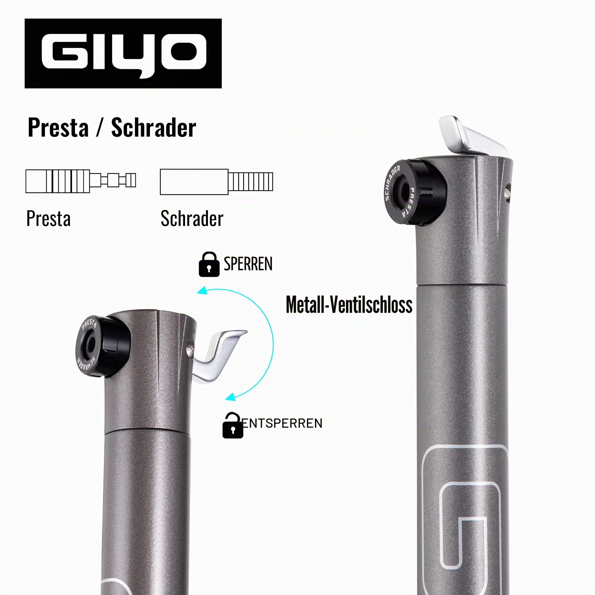 GIYO Super Micro Fahrradreifenpumpe, aus Metall, kleinste Pumpe, erhältlich mit Teleskoppumpe für MTB (80 PSI), hohe Volumen, Presta- und Schrader-Ventil, hergestellt in Taiwan (GM-043LT)