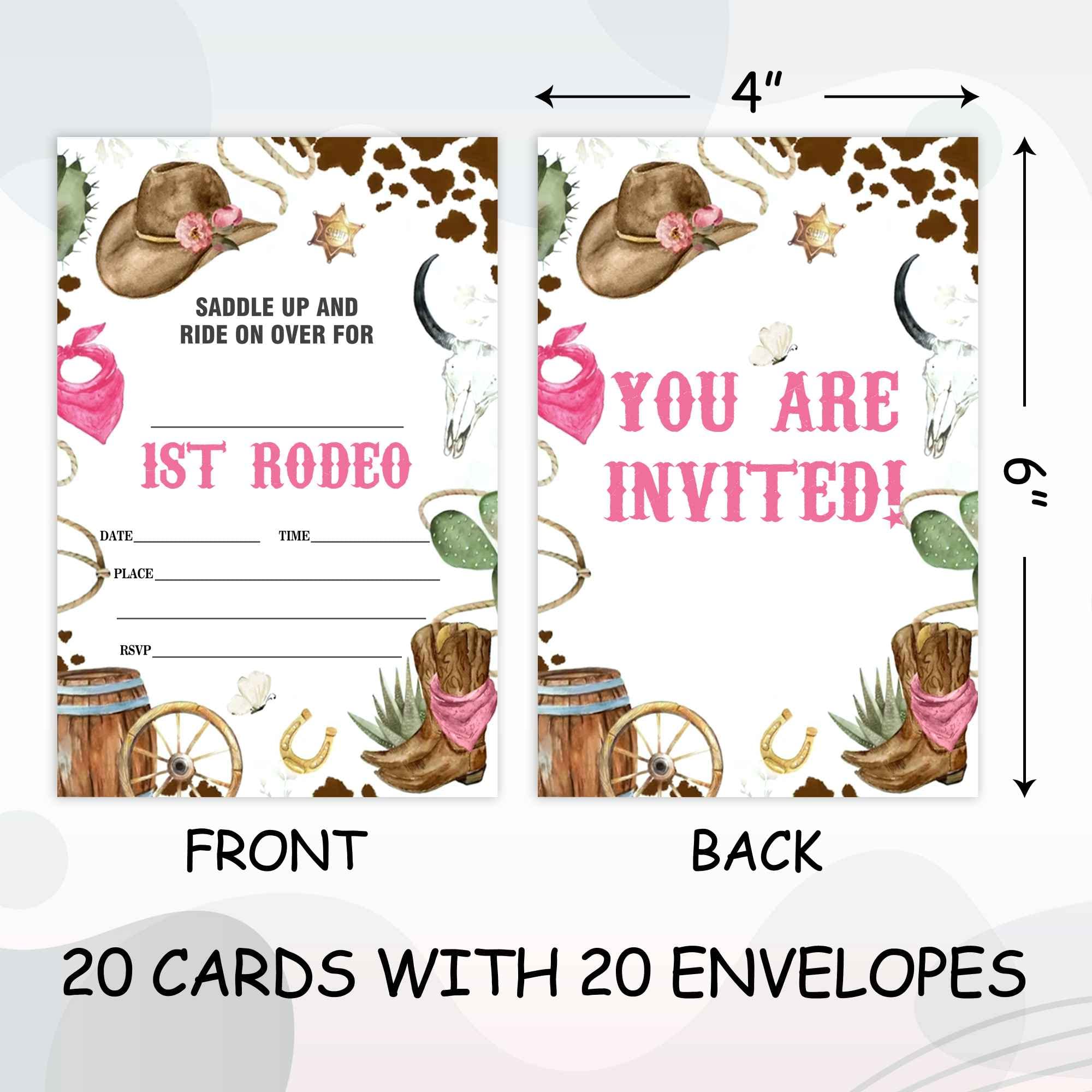 Cowboy & Cowgirl 1st Rodeo Birthday Invitations (20 Cards & Envelopes) - Wild West Fill-in Party Invite Cards for Baby Boys Girls, Kids & Teens - Western Theme Birthday Celebration Supplies-A031