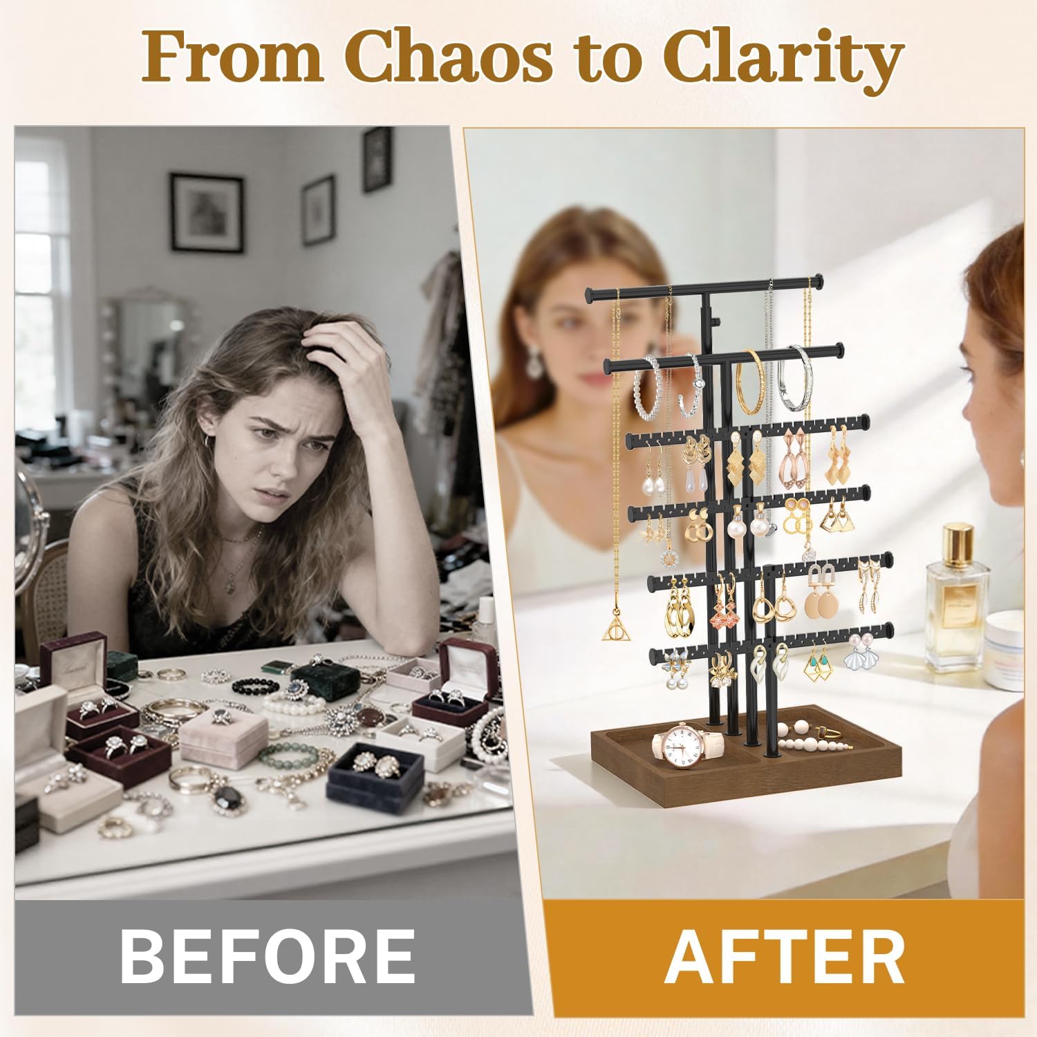 MODOWEY Necklace Holder Organizer Earring Display Stand with Wooden Tray, Metal Adjustable Bracelet Tree Rack for Women Vendor Selling, 6 Tier Tall T Bar Large Storage Tower for Find Jewelry In Second - Image 6