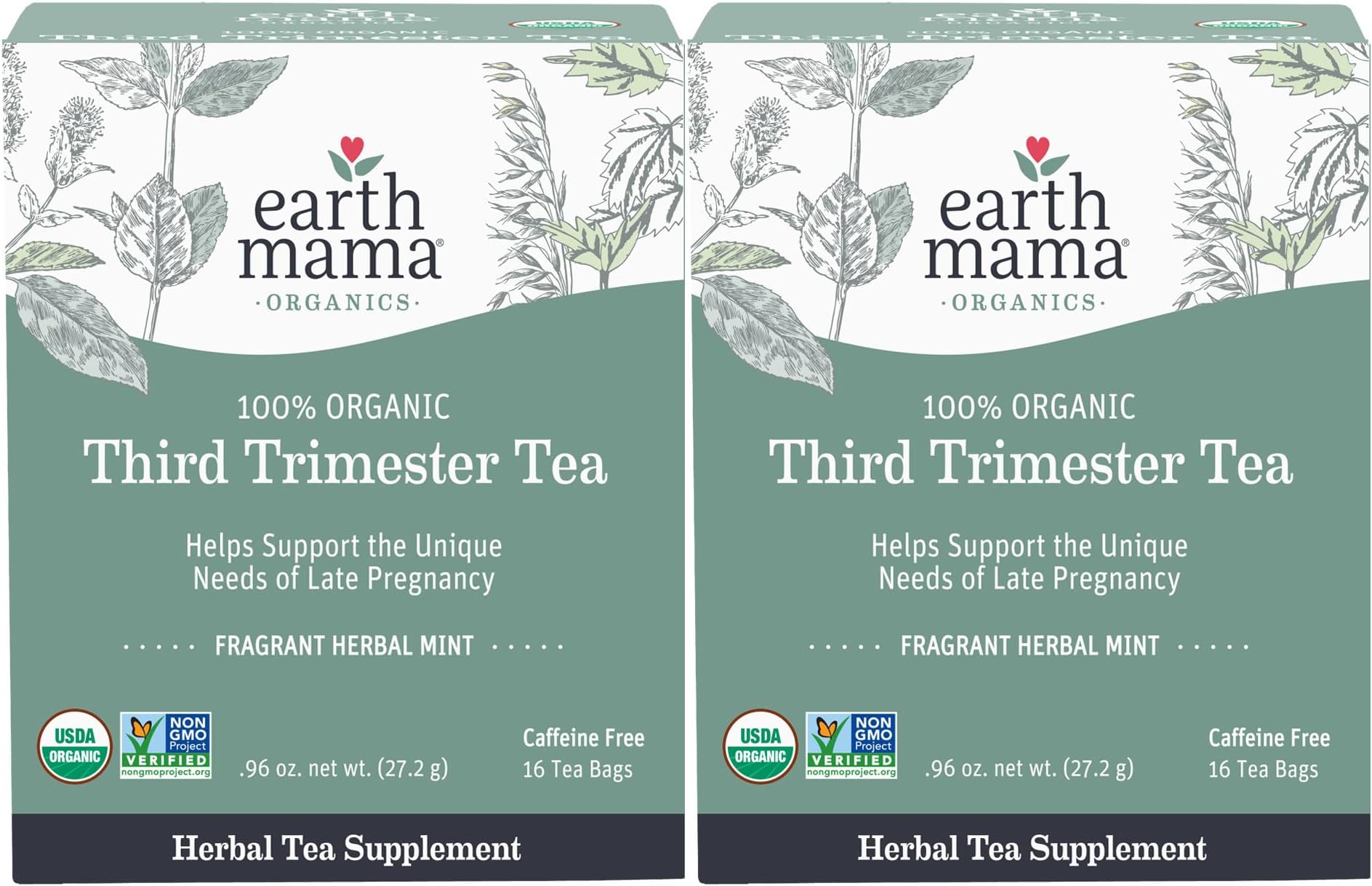 Earth Mama Organic Third Trimester Tea Bags | 100% USDA Organic Herbal Tea for Late Pregnancy Comfort + Childbirth Preparation, 16 Teabags Per Box (2-Pack)
