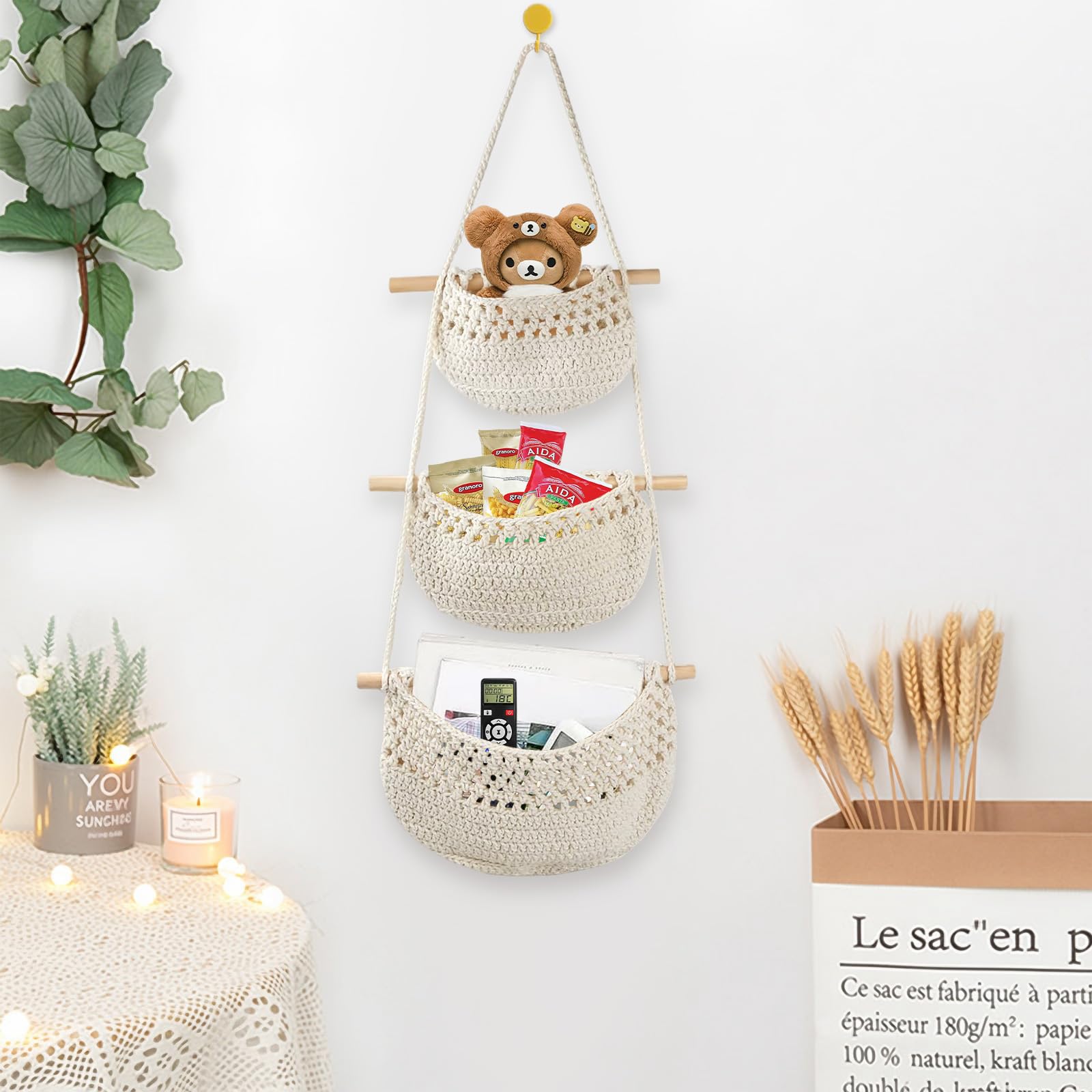 Obstkorb Hängend 3 Stöckiger Hängekorb Küche, Handgewebte Hängekorb Obst, Hängender Wandtasche Organizer für Obst, Snack und Gemüse Aufbewahrung