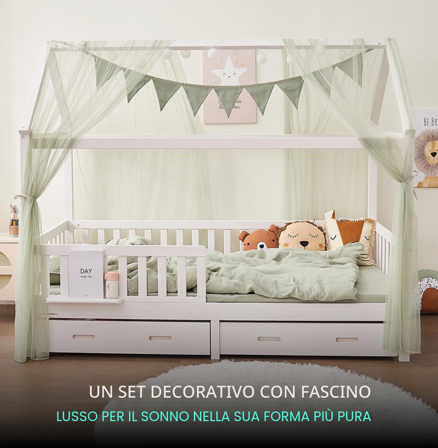 ALAVYA HOME® Set di 4 decorazioni per letto di casa, con 2 baldacchini, 1 bandierine, lunghezza 300 cm, per lettino, cameretta dei bambini, bandierine, 100% cotone biologico, 150 x 350 cm, con catena