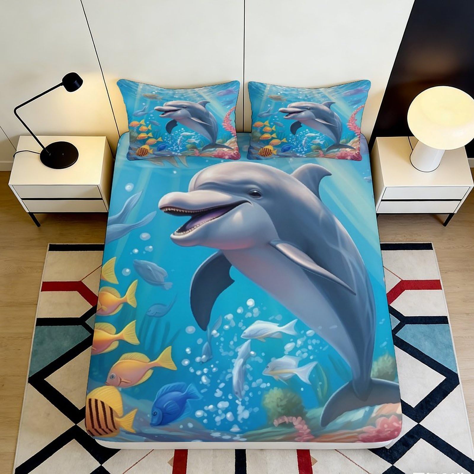3D Printed Dolphin Ocean Fitted Sheet Microfiber Soft Underwater Fish Mattress Cover for Bedroom Dorm Easy Care 90x200x25cm