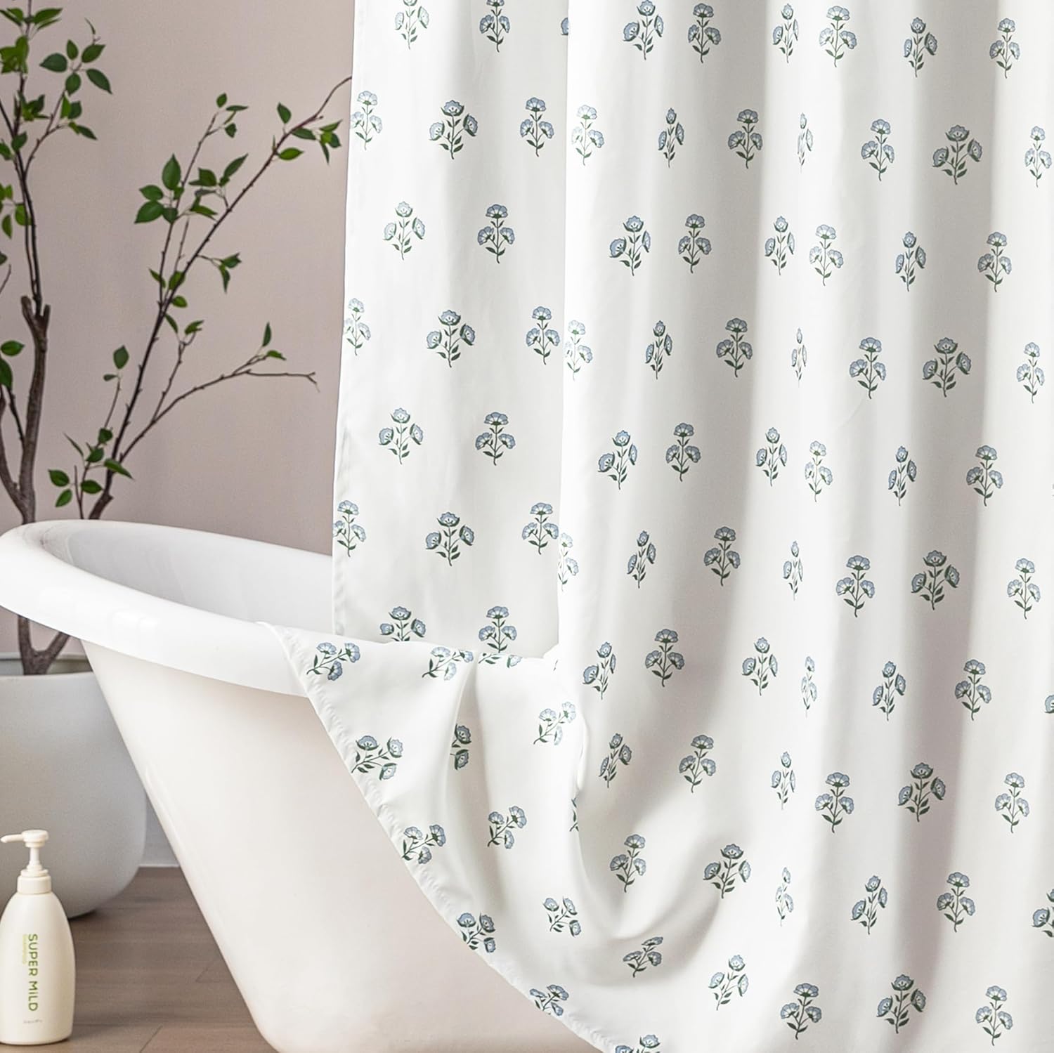 Lino Rosa Blue and Green Floral Shower Curtain, Light Blue and White Spring Summer Shower Curtains for Bathroom, Coastal Farmhouse Botanical Flower Block Print Cloth Fabric Bath Curtain, 72x72