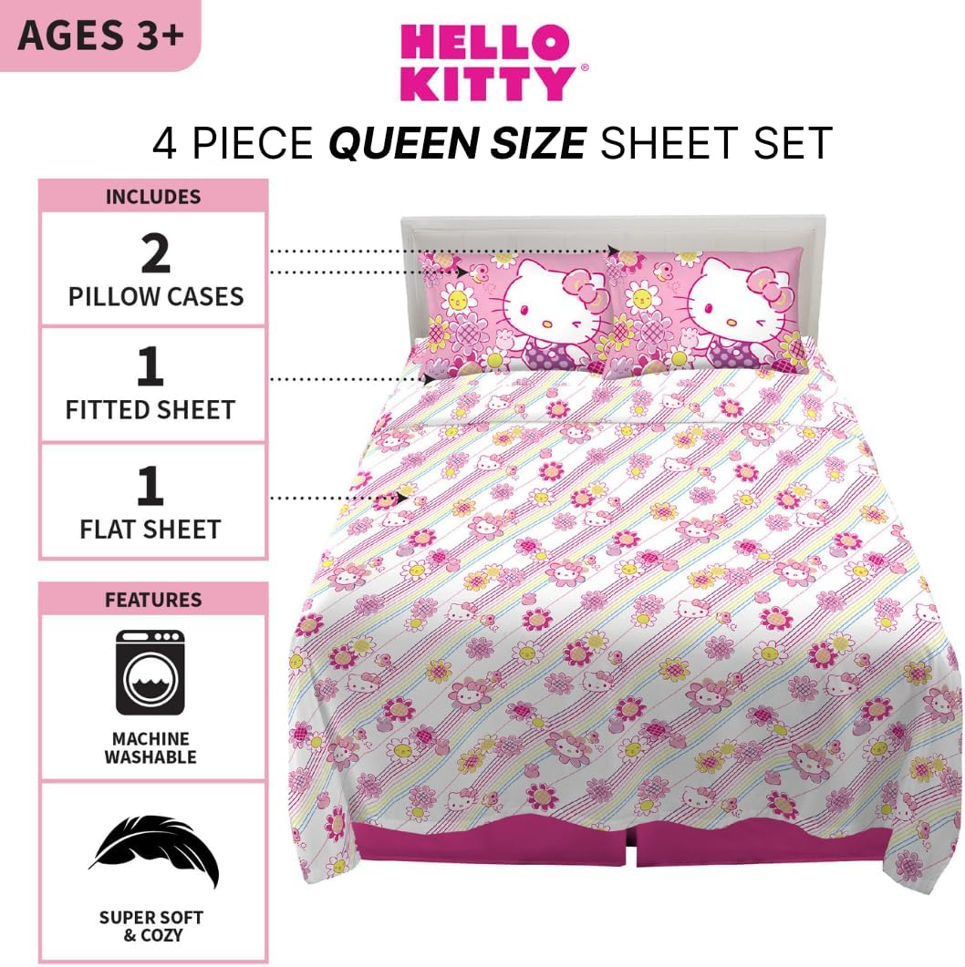 Hello Kitty Bedding Super Soft Microfiber Sheet Set, Queen, Hello Kitty, (Officially Licensed Product) By Franco