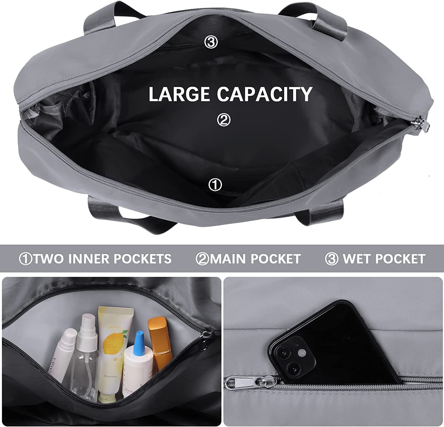 Bolsa de viaje plegable de gran capacidad, ligera, impermeable, bolsa de equipaje de viaje, bolsa de viaje para mujeres y hombres, Gris, Equipaje