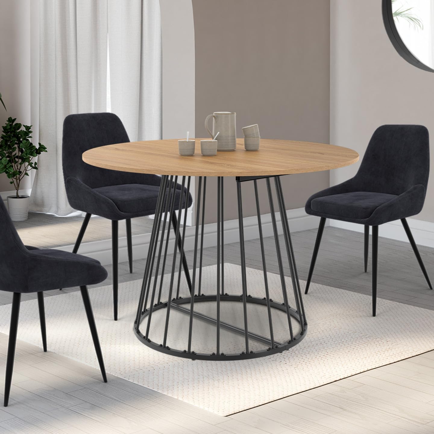 IDMarket Yuna – Mesa de comedor extensible redonda para 4-10 personas, madera y negro, 110-200 cm