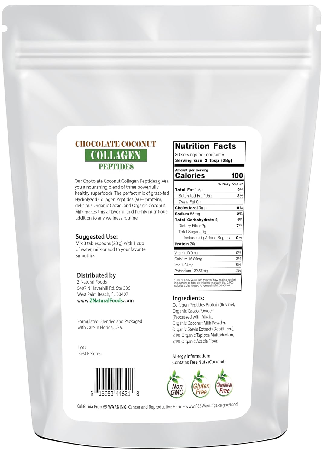 Chocolate Collagen Peptides Made With Coconut Milk Powder - 5 lb - Delicious Taste + Zero Sugar - Hydrolyzed Collagen + Organic Cacao + Coconut Milk Powder - Gluten Free & Non GMO