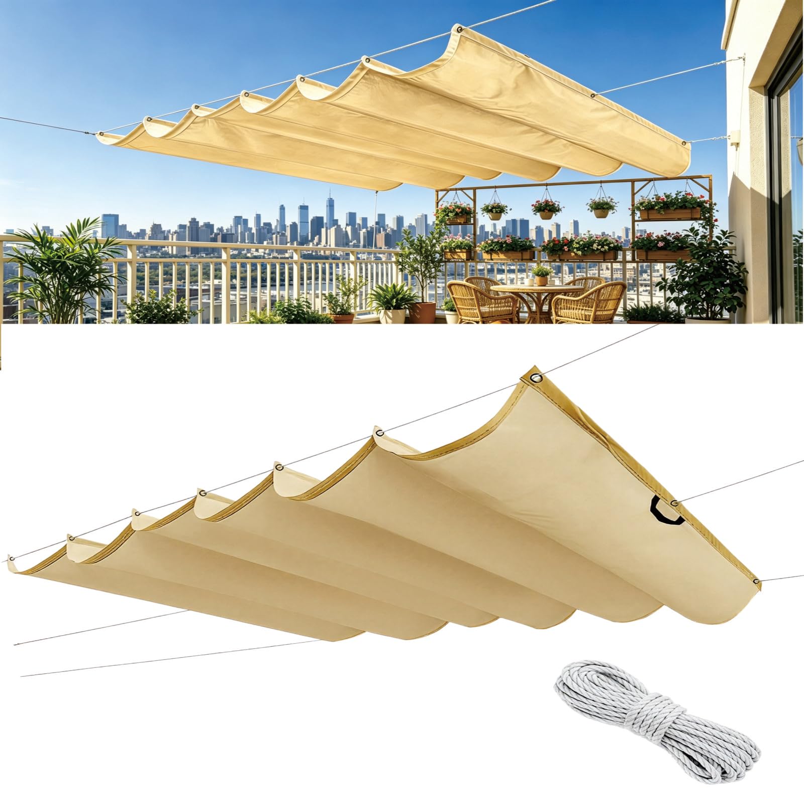 Auvent ondulé 195 x 280 protection UV bâche ombrage patio jaune sable