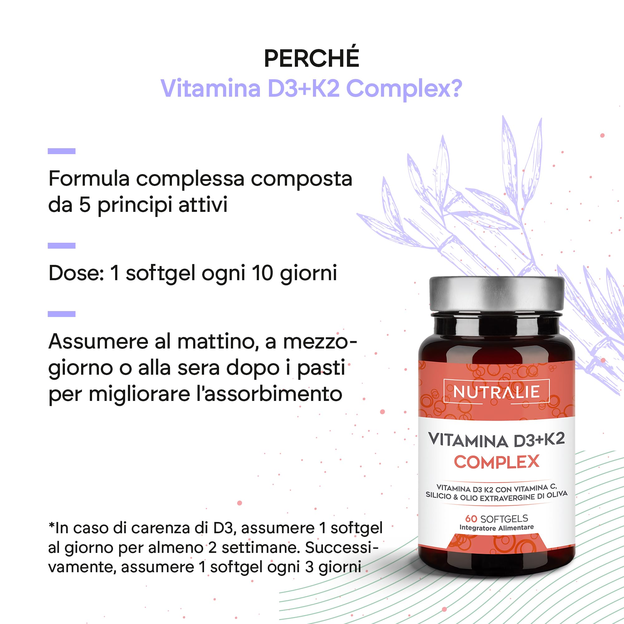Vitamina D3 e K2 10000 UI - Immunità Ossa e Muscoli - Vit D3 K2 MK7 con Vitamina C e Olio Extravergine di Oliva - 60 Softgel Vitamina D Complex Nutralie