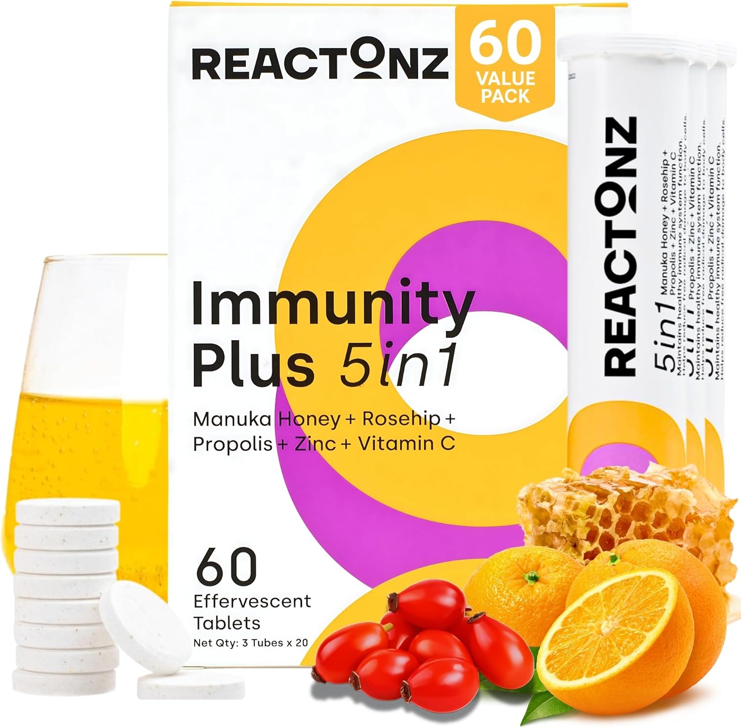 5 in 1 Immune Booster – Vitamin C, Zinc, Manuka Honey, Rosehip & Propolis – Natural Orange Fizzy Drink Supplement for Daily Immune Support (60 Effervescent Tablets) 5 in 1 Immune Booster – Vitamin C, Zinc, Manuka Honey, Rosehip & Propolis – Natural Orange Fizzy Drink Supplement for Daily Immune Support (60 Effervescent Tablets)