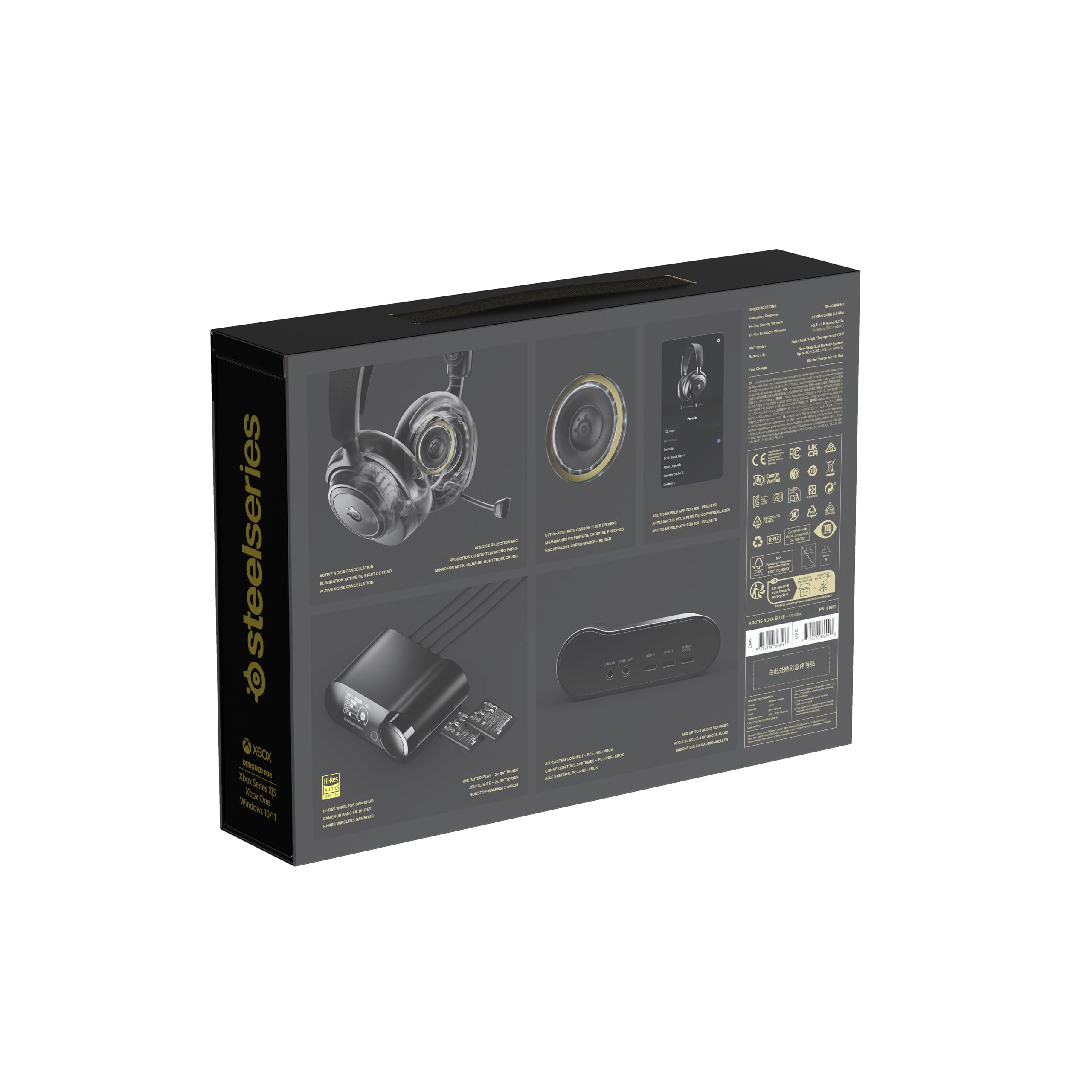 SteelSeries Arctis Nova Elite - Cascos Gaming Inalámbricos - 96kHz/24bits - Fibra de Carbono - CCR - Supresión de Ruido con IA - App - 2,4GHz + BT - Multifuente - OmniPlay PC+PlayStation+Xbox