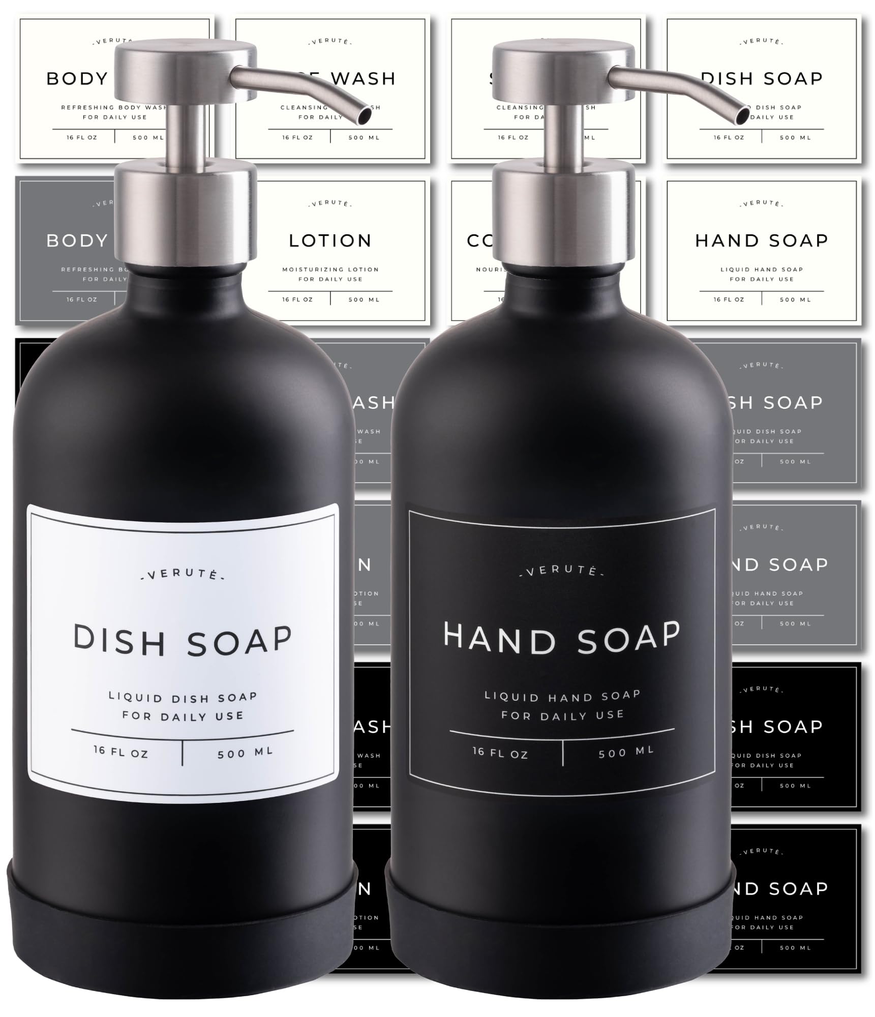 Glass Soap Dispenser Set for Kitchen & Bathroom - 2 x 500ml Refillable Glass Bottles with Stainless Steel Pumps, Non-Slip Silicone Base & 27 Waterproof Labels (Matte Black Bottle/Brushed Silver Pump)