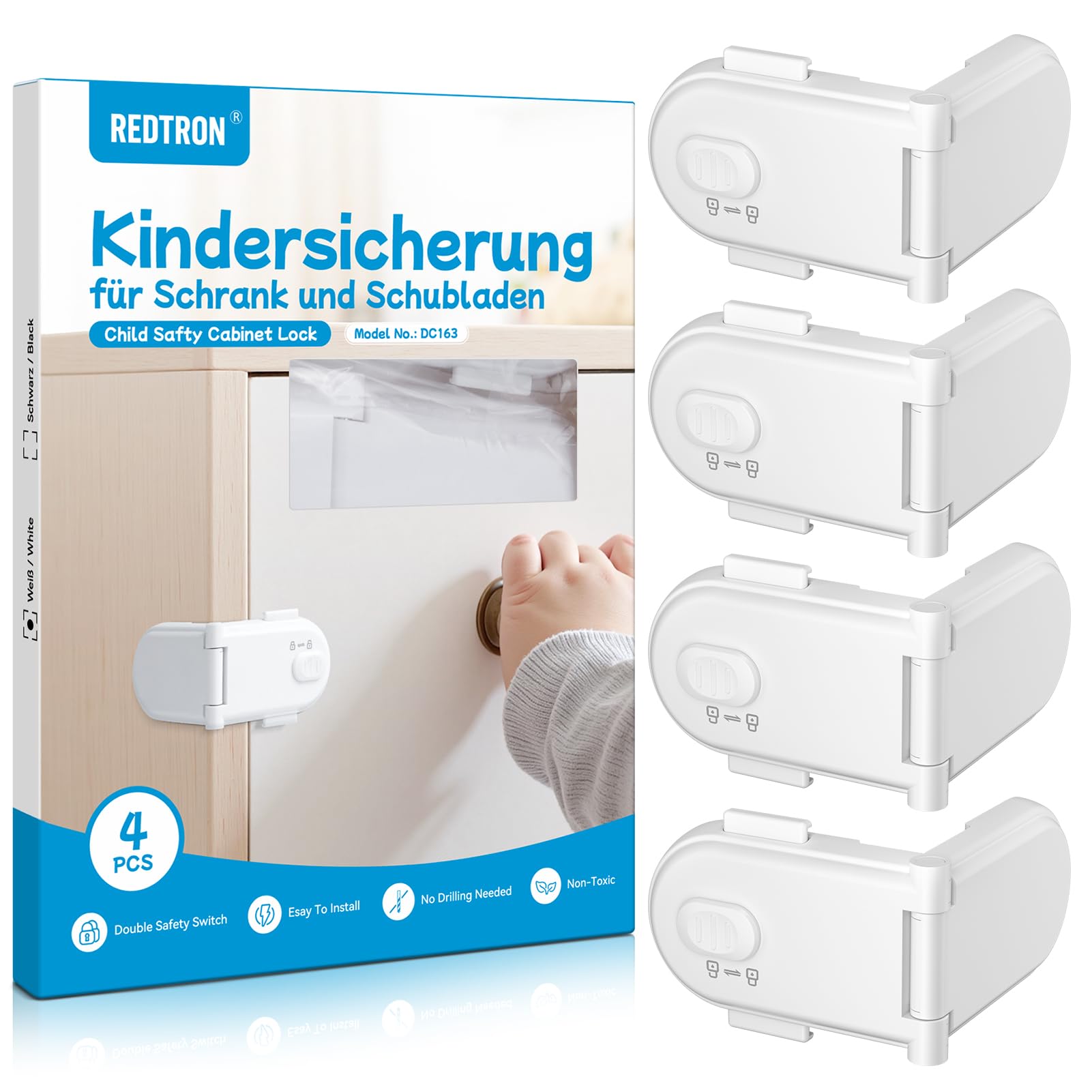 REDTRON Cerraduras de seguridad para niños con doble interruptor de seguridad (4 paquetes, blanco), Cerraduras seguras para bebés no tóxicas para armarios, Fácil instalación con adhesivo 3M