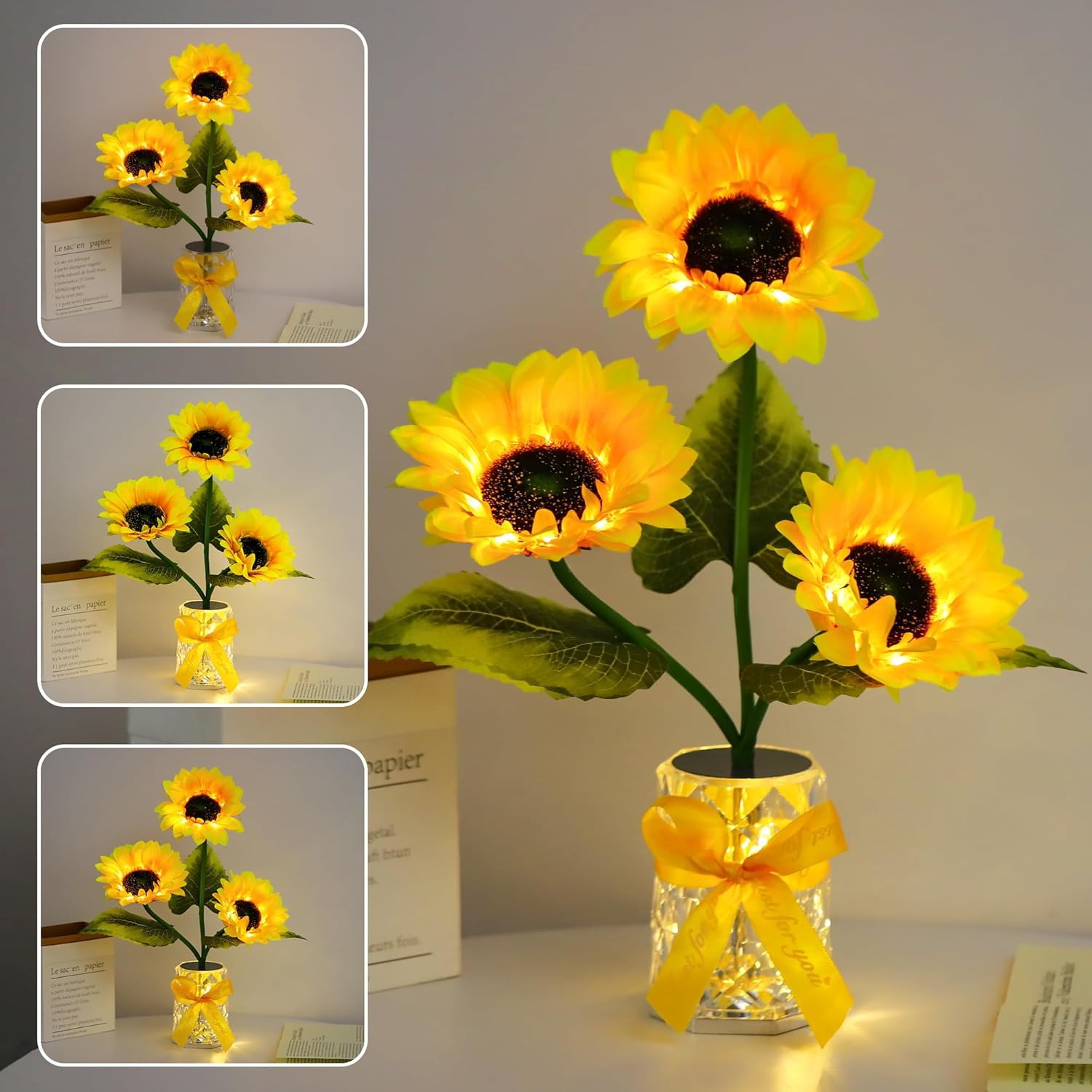 WSYEAR Birthday Gifts for Women, Sunflower Gift for Mom Sunflower Cordless Table Lamp,3 Color Crystal Lamps Touch Bedside Lamps Infinitely Dimming with USB Charge Small Night Light for Bedroom