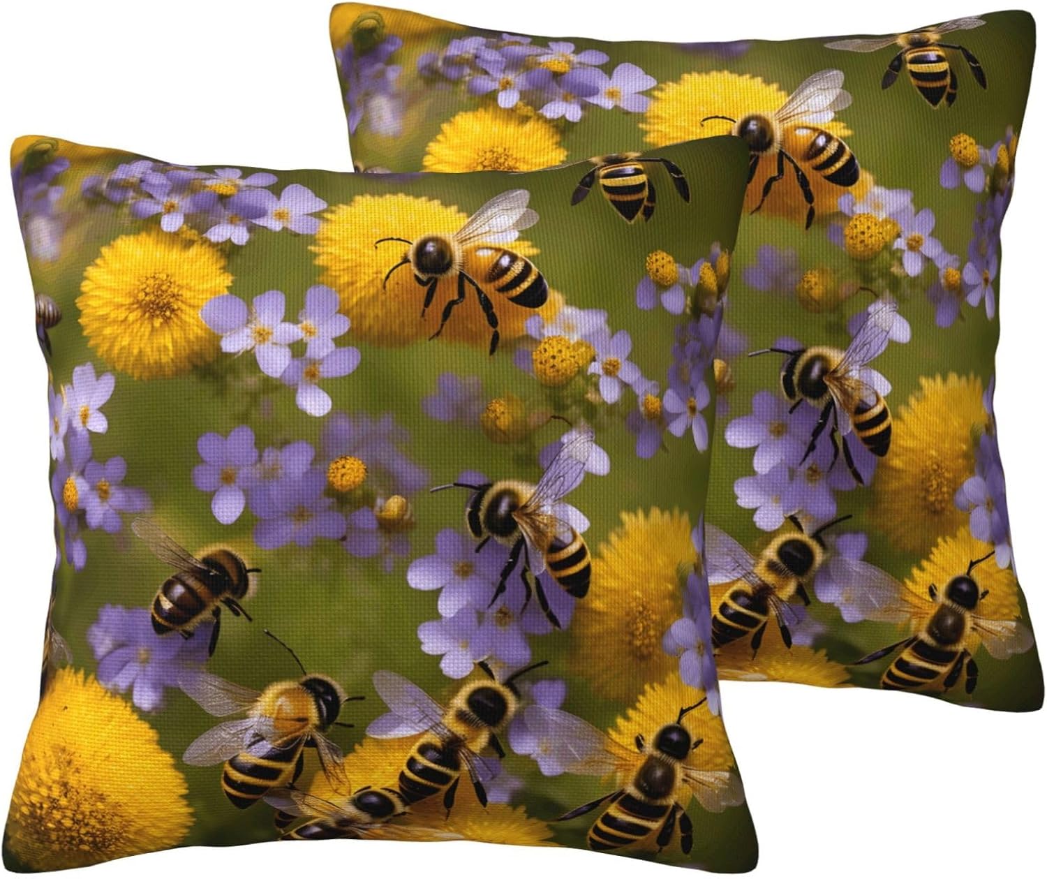 Rural Honey Bees Wildflowers Imitation Linen Pillowcase -2 Sets, Fashionable Home Decoration, Used for Sofas, Gardens, beds