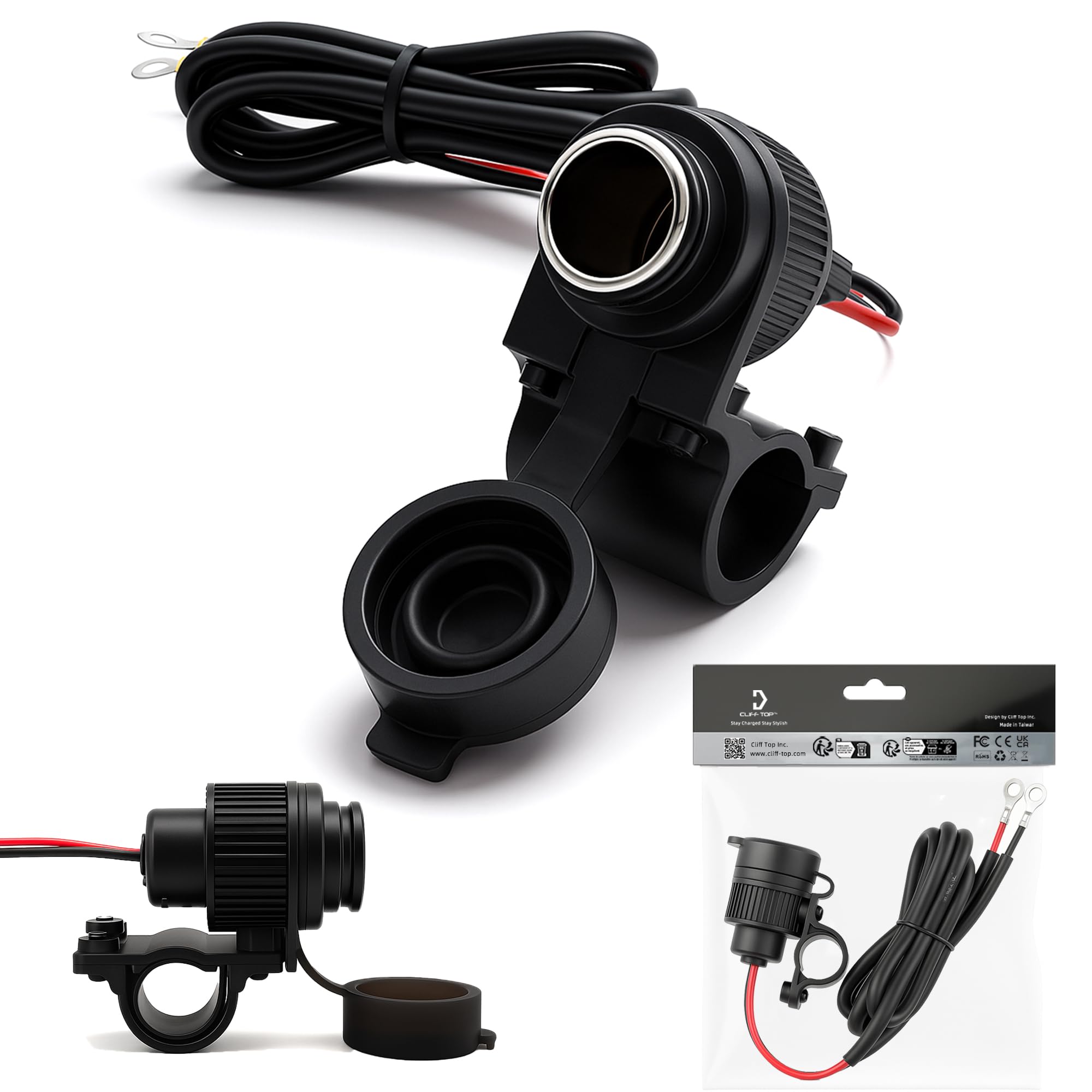 Cliff Top Heavy Duty Waterproof Motorcycle Cigarette Lighter Power Outlet with 3.3A USB Charger for 7/8" to 1" Handlebar 12V Socket for GPS Phone USB Devices