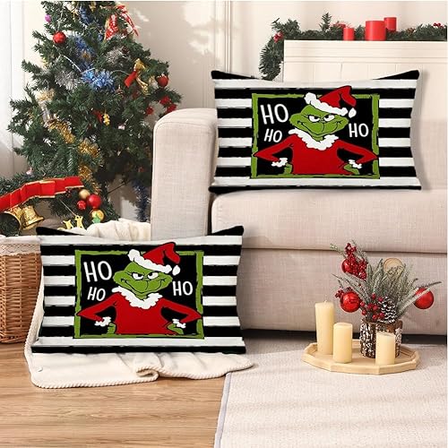 Miniatura 5 de RABUSOFA Fundas de almohada del Grinch de 12 x 20 pulgadas, fundas de almohada decorativas de Navidad del Grinch, fundas de cojín lumbar de rayas