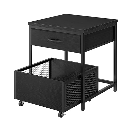 End Table, 19.7 Inch Square Side Table, Mini Fridge Stand with Storage, Nightstand with Mobile Basket Cart, for Living Room, Bedroom, Black TBZ55BB