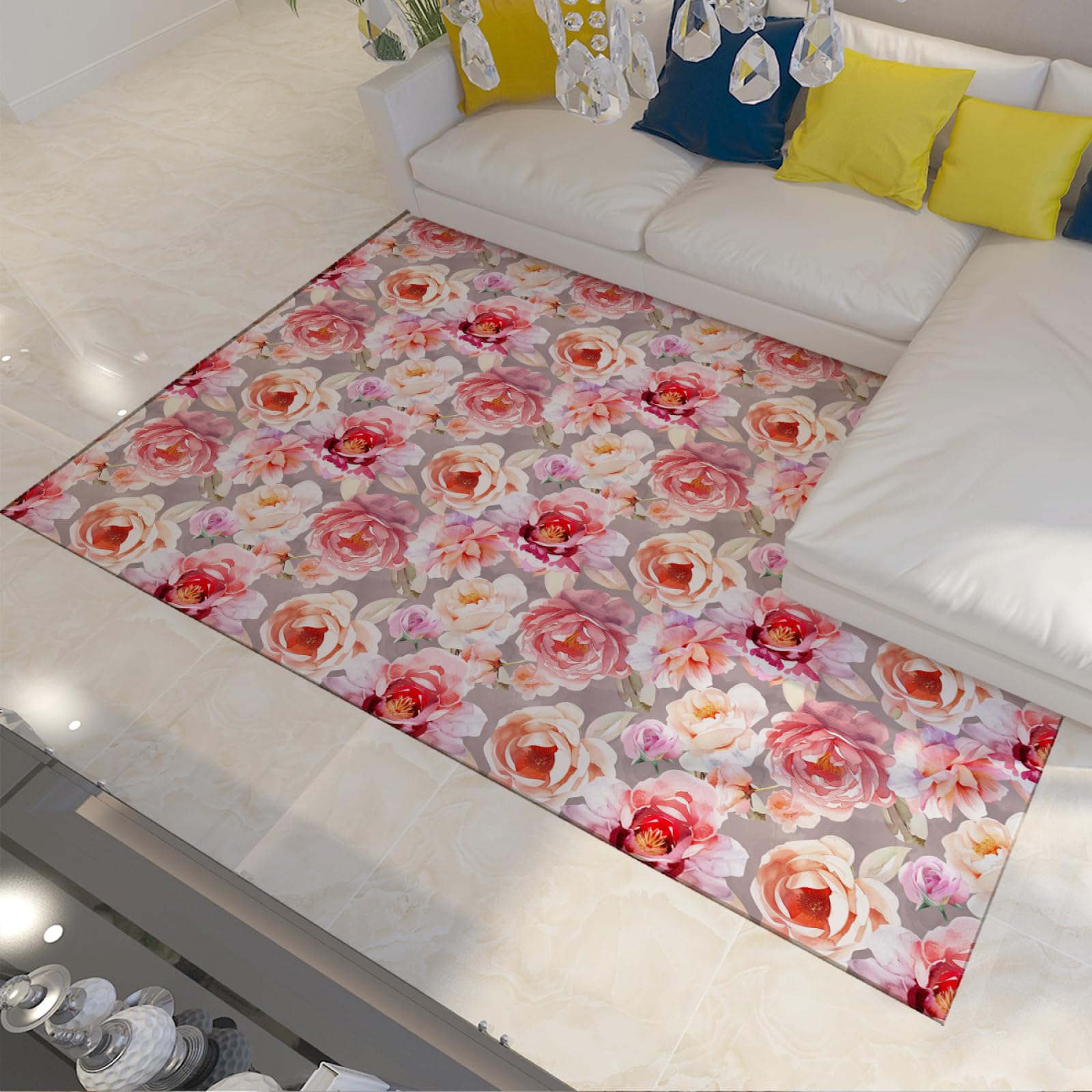 Tapis de chambre fille pivoines roses romantique antidérapant pour déco cosy