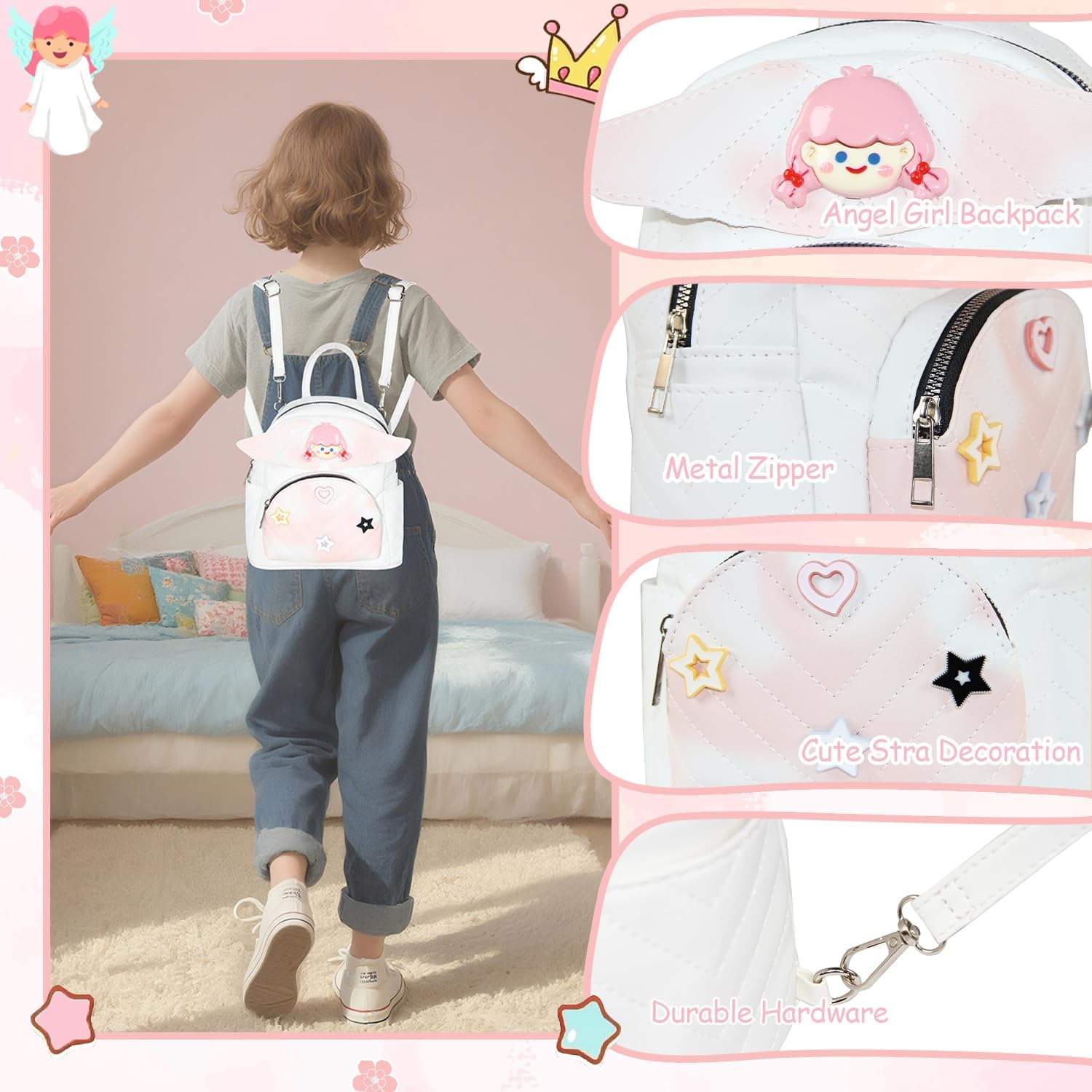 White Quilted Mini Backpack for Girls & Toddlers - Cute PU Leather Small Backpack Purse with 3D Wings, Lightweight Travel Daypack for Kids 3-8 Years - Image 3