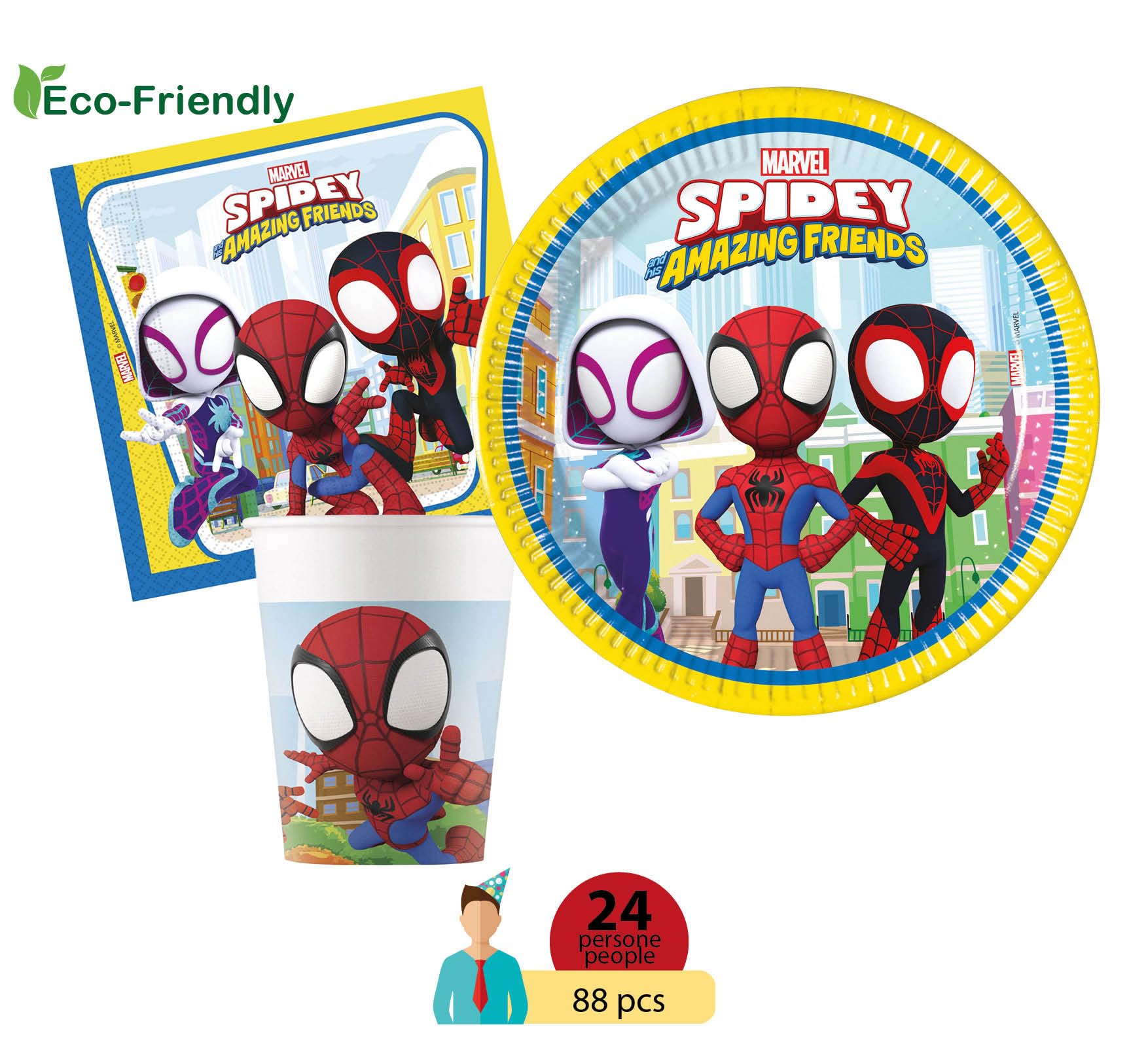 Kit Party Tavola Marvel Spider-Man Spidey and His Amazing Friends per 24 persone (88 pezzi: 24 piatti Ø23cm, 24 bicchieri 200ml, 40 tovaglioli 33x33cm)