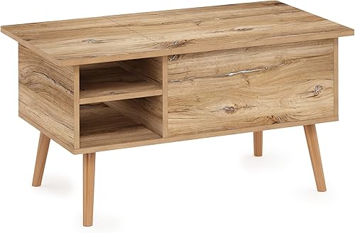 Miniatura 7 de Furinno Jensen Mesa de centro de madera para sala de estar, con compartimento oculto y estante de almacenamiento lateral abierto, roble Flagstaff