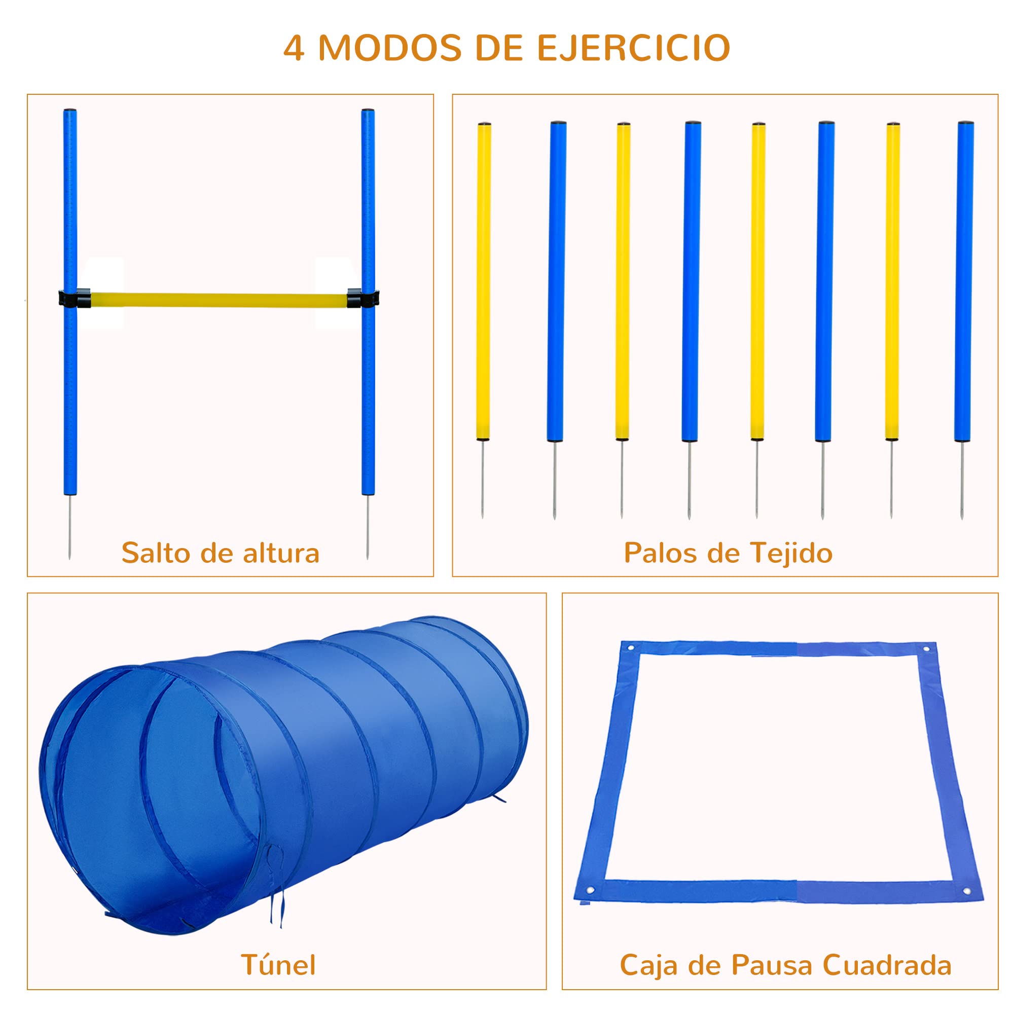 Set de Entrenamiento de Agilidad para Perros Obstáculos de Salto con Altura Ajustable Túnel para perros para Exteriores con Bolsa de Transporte 60x60x148 cm Azul y Amarillo
