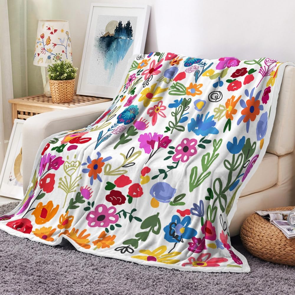 JAWO Floral Blanket Colorful Flower Throw Blanket Spring Plant Botanical Spring Floral Throws and Blankets, Soft Comfy Fleece Flannel Throws Blankets Livingroom Bedroom Decor