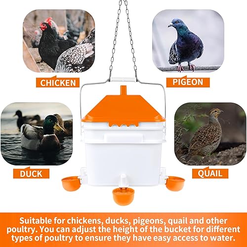 Miniatura 5 de Bebedero de pollo con 4 tazas de agua, cubo de riego de 2 galones con bebedero automático para pollo, bebedero de pollo colgante adecuado para