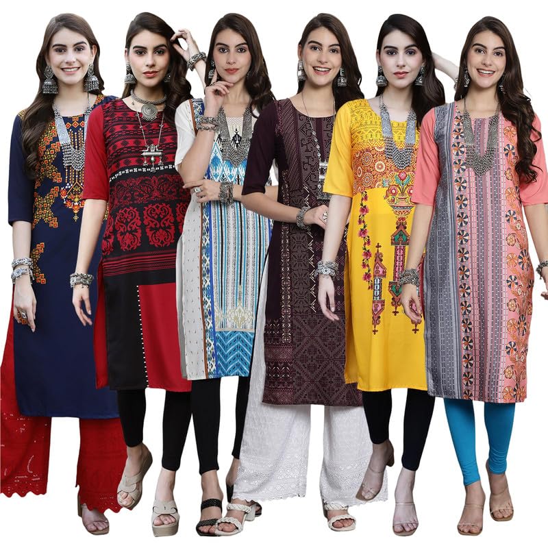 Pinkmint Women's Crepe Digital Print Straight Kurta [Pack Of 6]