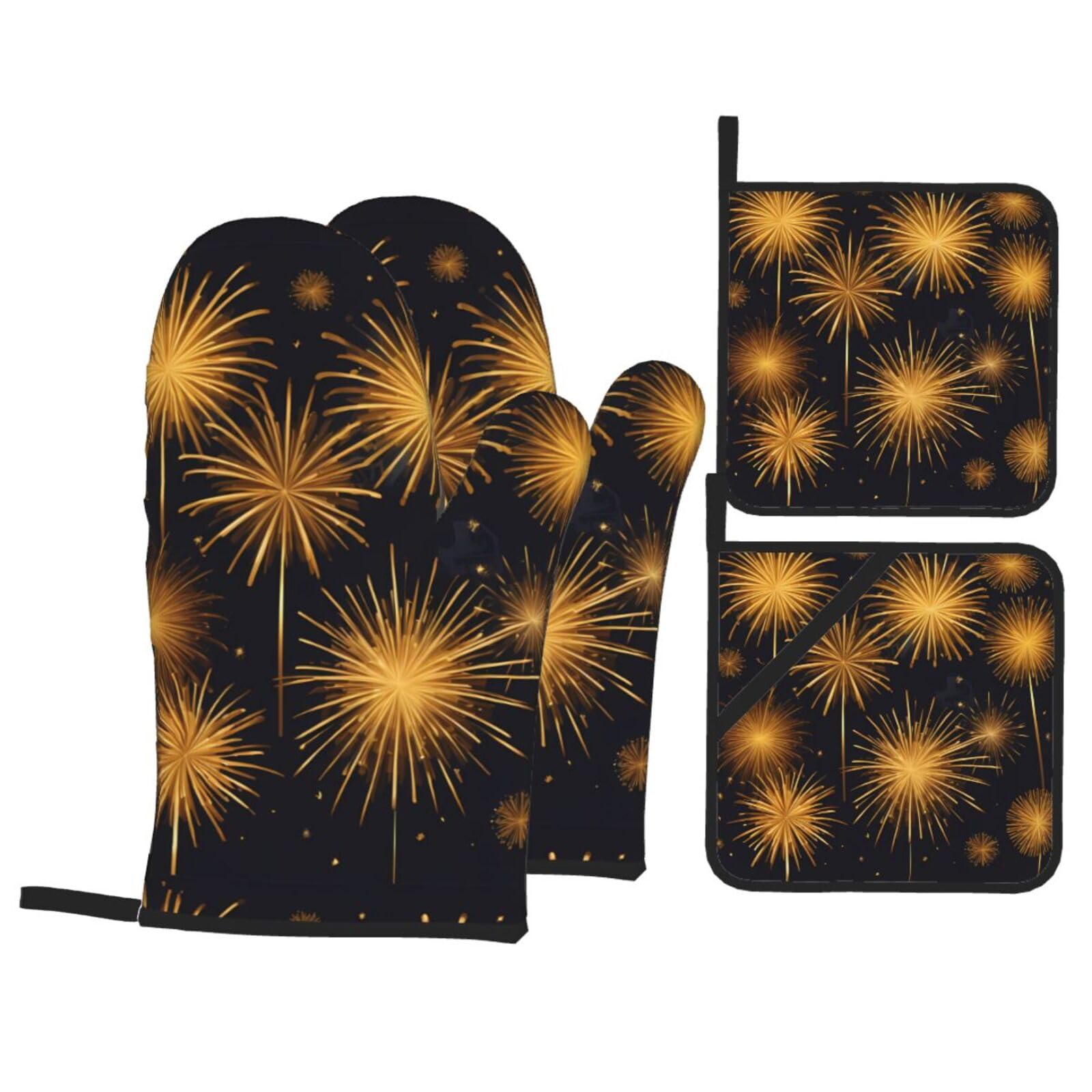 HJFCZH Golden Fireworks Picture Kitchen Baking Set of 4 Thick Insulated Oven Mitt & Pot Holders, Anti-Scalding for Microwave, Oven, Outdoor BBQ