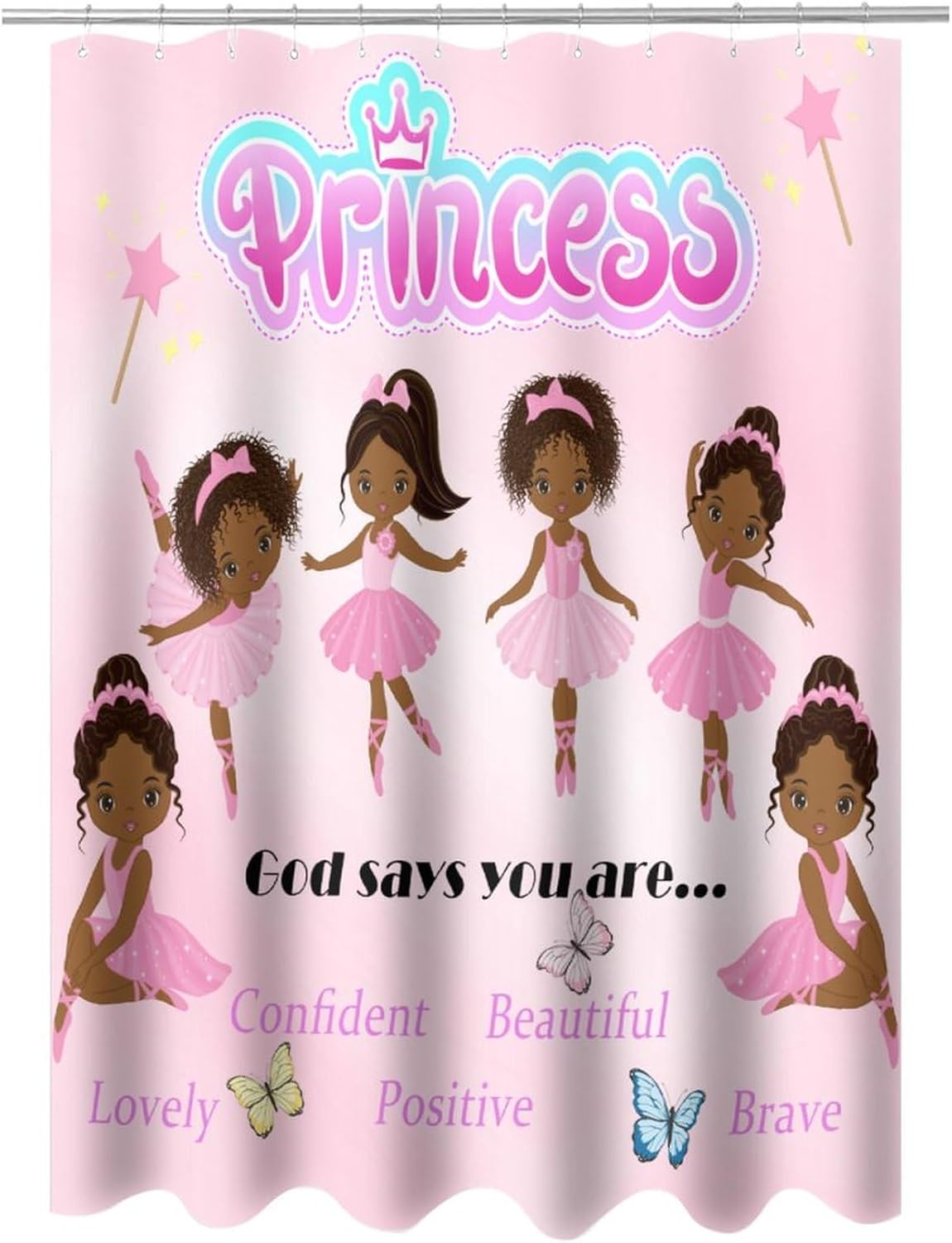Ballerina Princess Pink Shower Curtain,Cute Cartoon Black Girls Print Shower Curtain for Bathroom Decor Fabric Waterproof Upholstery Hook 66x72 Inches