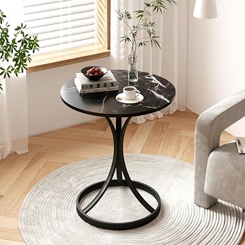 Round Side Table, Vintage Small Round End Table, Accent Sofa Side Table Corner Coffee Table for Living Room, Bedroom Beside Table Nightstand Black Marble