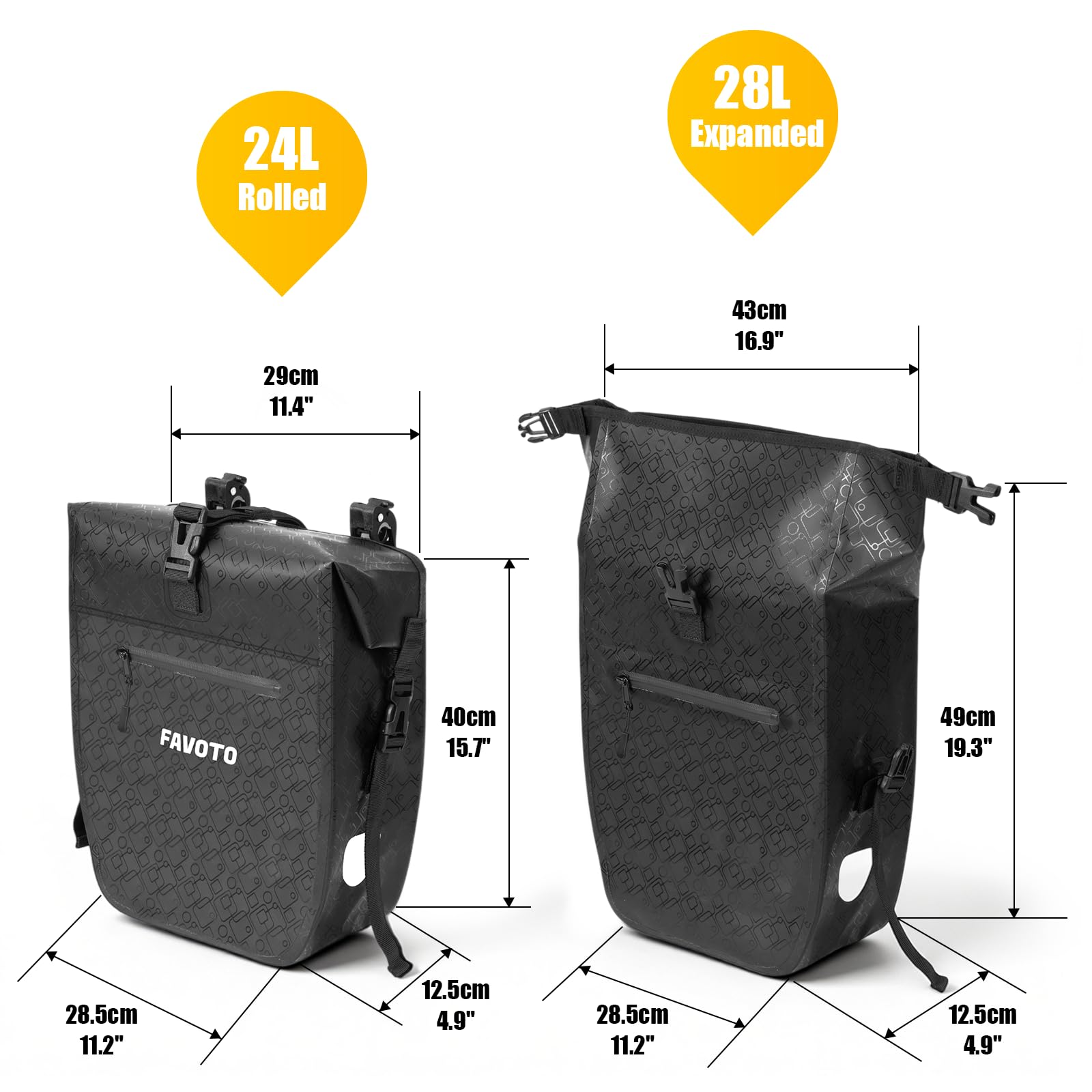 Favoto Borsa per Portapacchi Posteriore Bicicletta, Impermeabile Capacità 48L (2×24L), Design Riflettente, Sgancio Rapido, con Borsa Interna, Adatta per Bici Elettriche, Mountain Bike