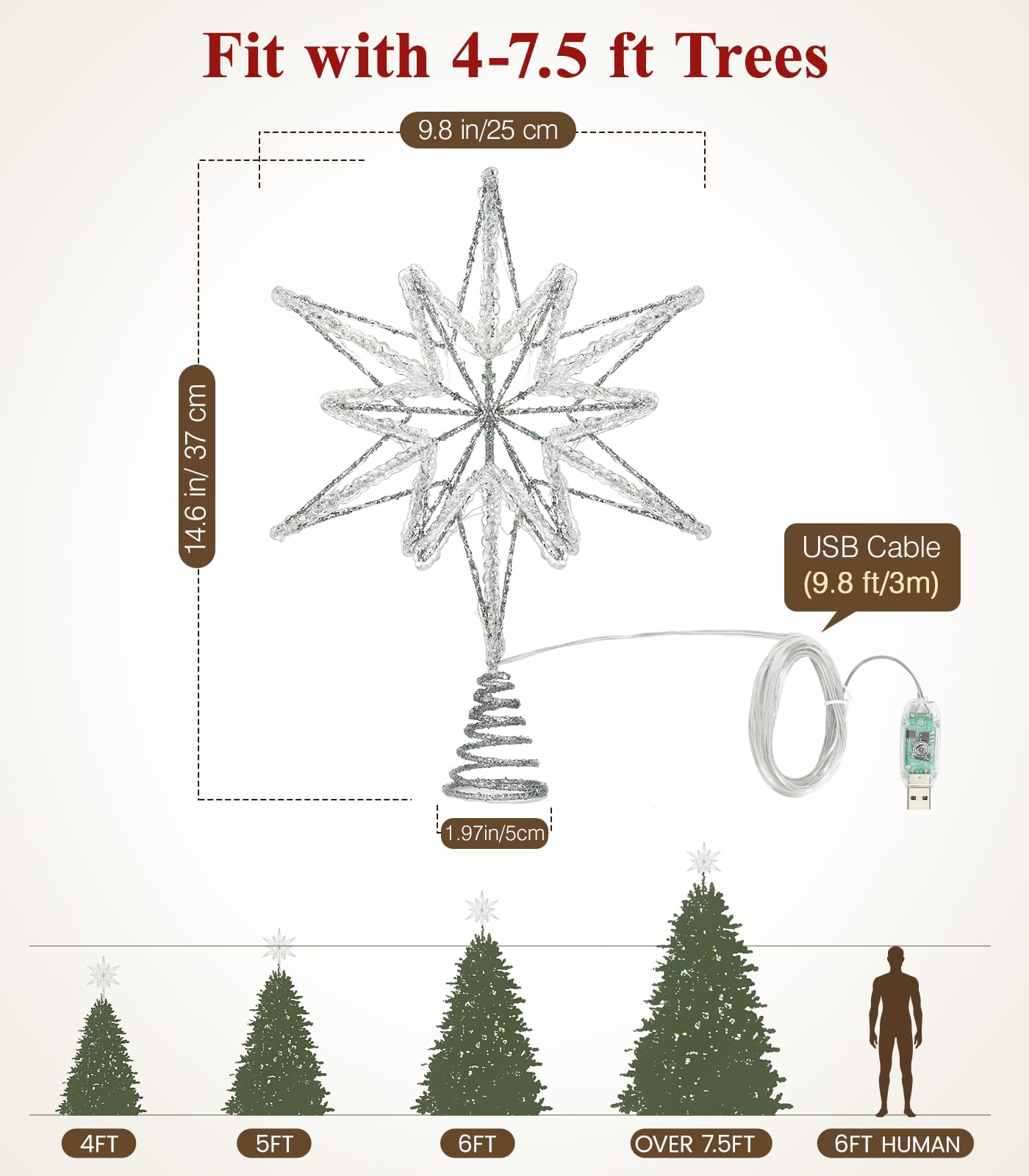 Luxspire Weihnachtsbaumspitze, beleuchtet Stern Baumspitze mit USB Plug-in&Fernbedienung, 9,8" LED Metall Dekorationen Licht… – Ansicht 6