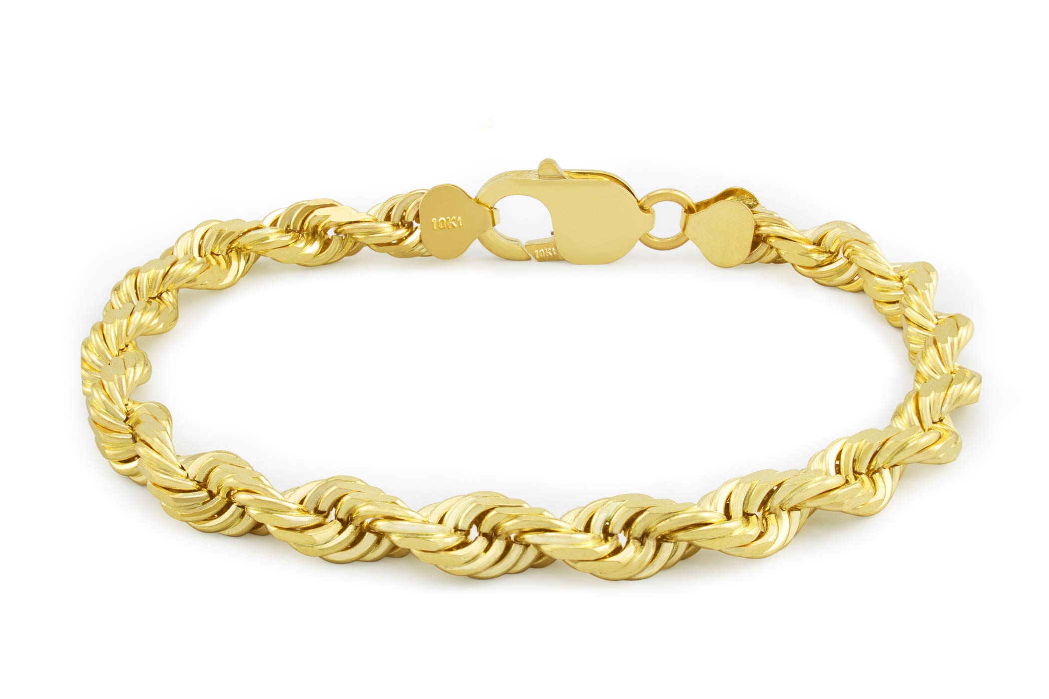 10k Yellow Gold 7mm Rope Chain Diamond Cut Bracelet, Mens Jewelry Lobster Clasp 8" 8.5" 9"