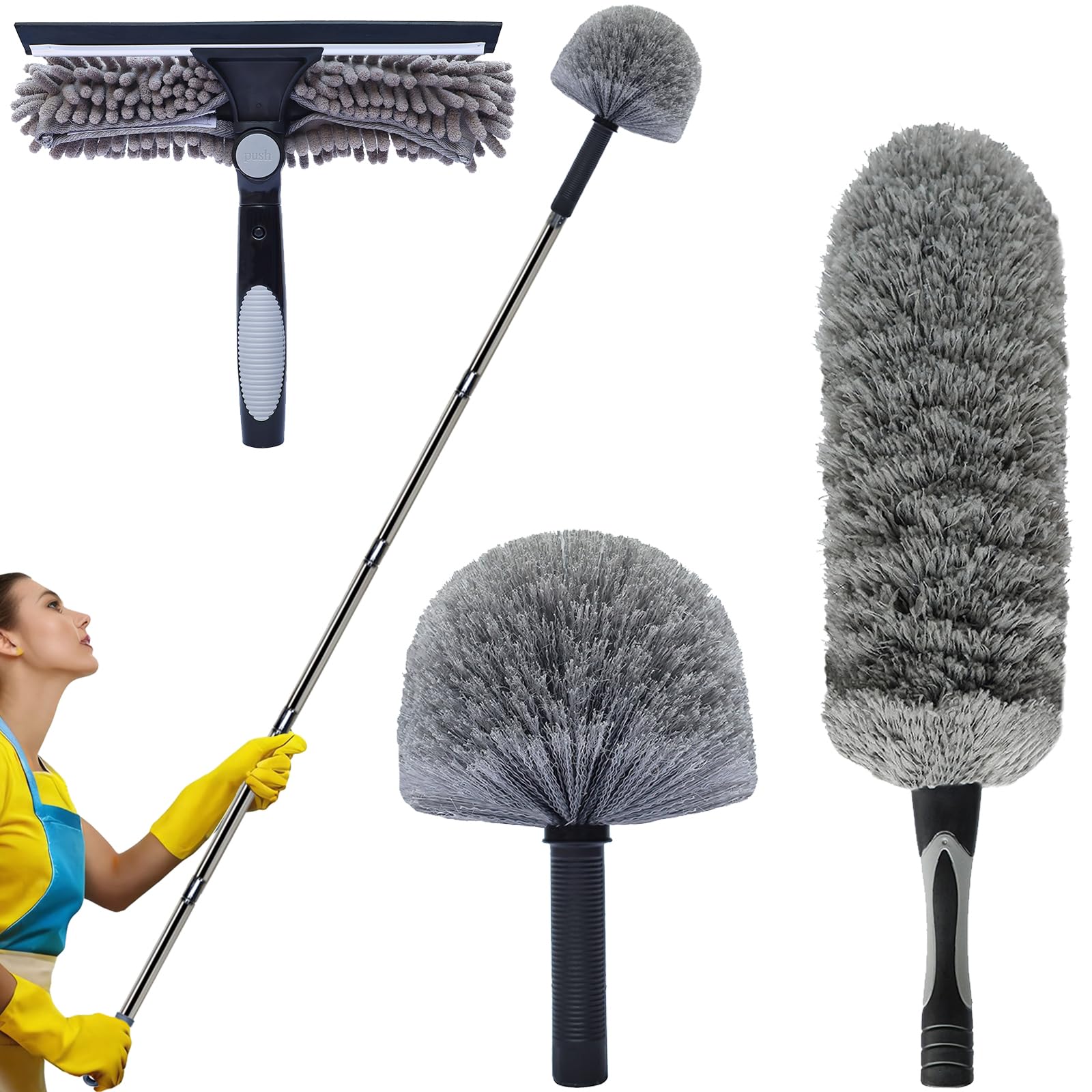 Toromp 20 Ft+ High Reach Squeegee & Cobweb Duster Kit with 3-13 Ft Extension Pole, 2 in 1 Window Squeegee, Spider Web Brush, High Ceiling Feather Duster for Home High Window, Interior Roof - Gray