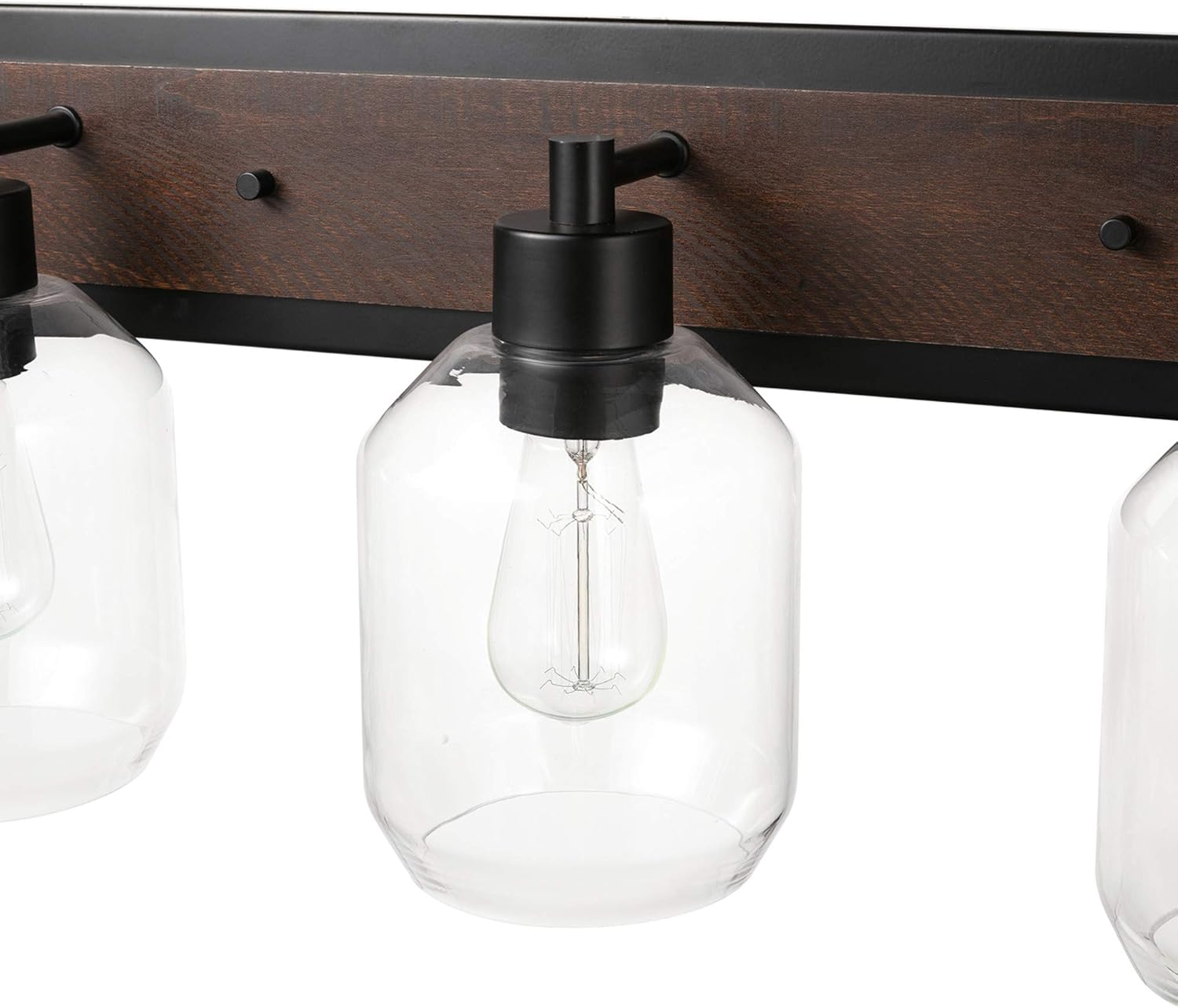 GLOBE Electric Williamsburg 3-Light Vanity Light, Matte Black, Faux Wood Accent, Clear Glass Shades