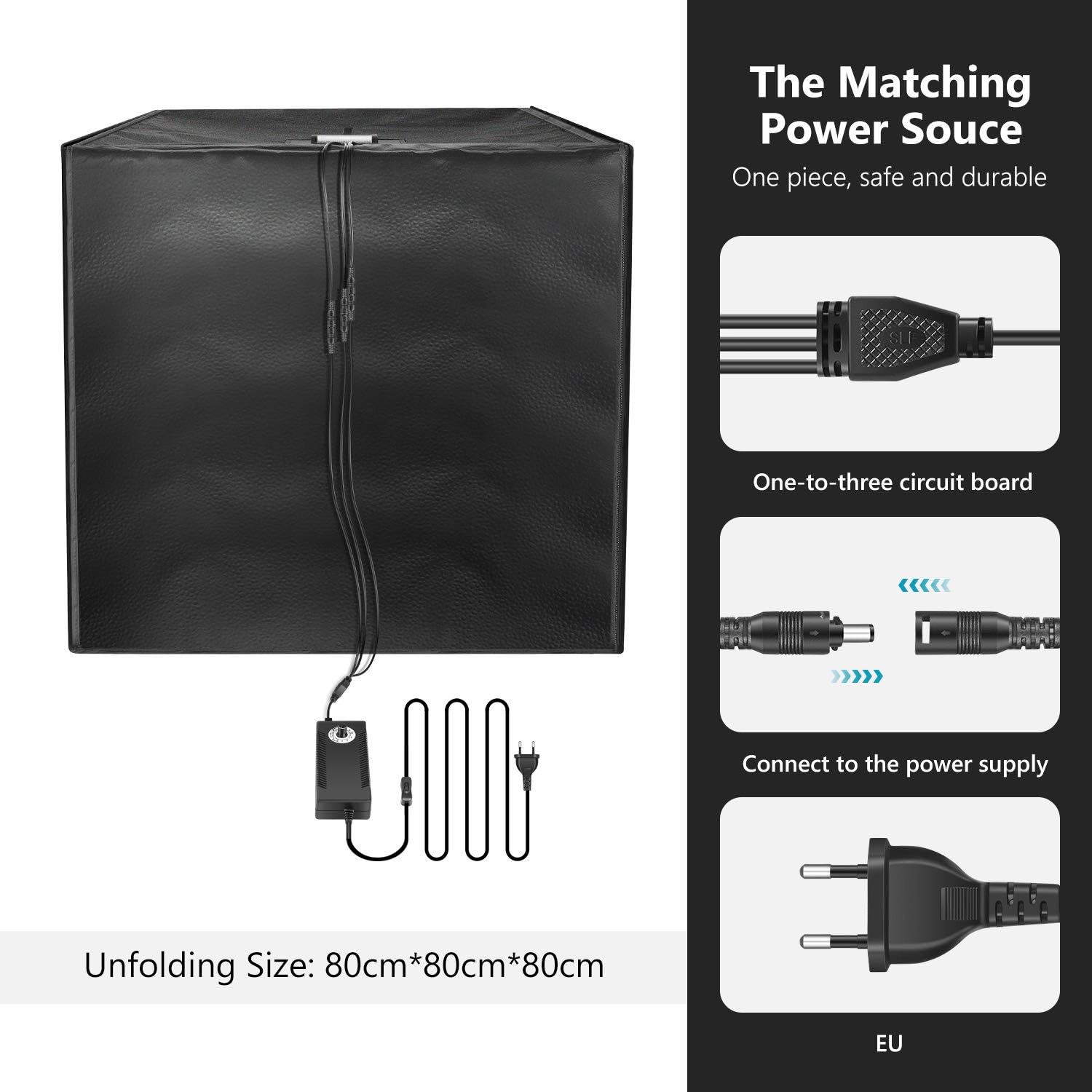 Nine-step visual guide for assembling the Neewer 80x80cm Photo Light Box, showing tube connection, frame covering, zipper closure, background attachment, LED panel hooking, diffuser installation, power connection, and final setup.