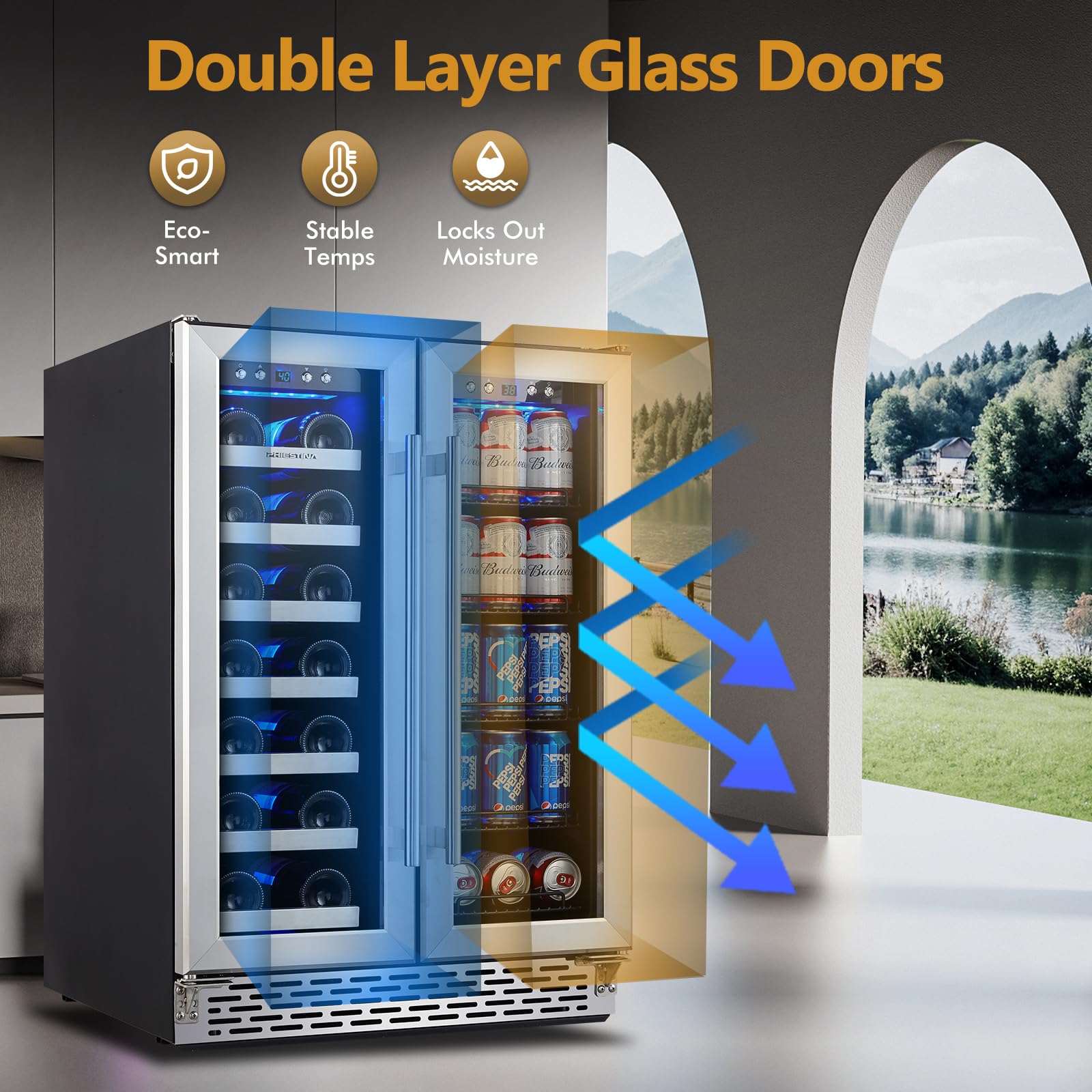 Phiestina Beverage Fridge, 24 Inch Wine And Beverage Refrigerator, Under Counter Wine Cooler- 20 Bottles & 76 Cans, Built-In/Freestanding Dual Zone With Glass Door on Fridge.com - View 3