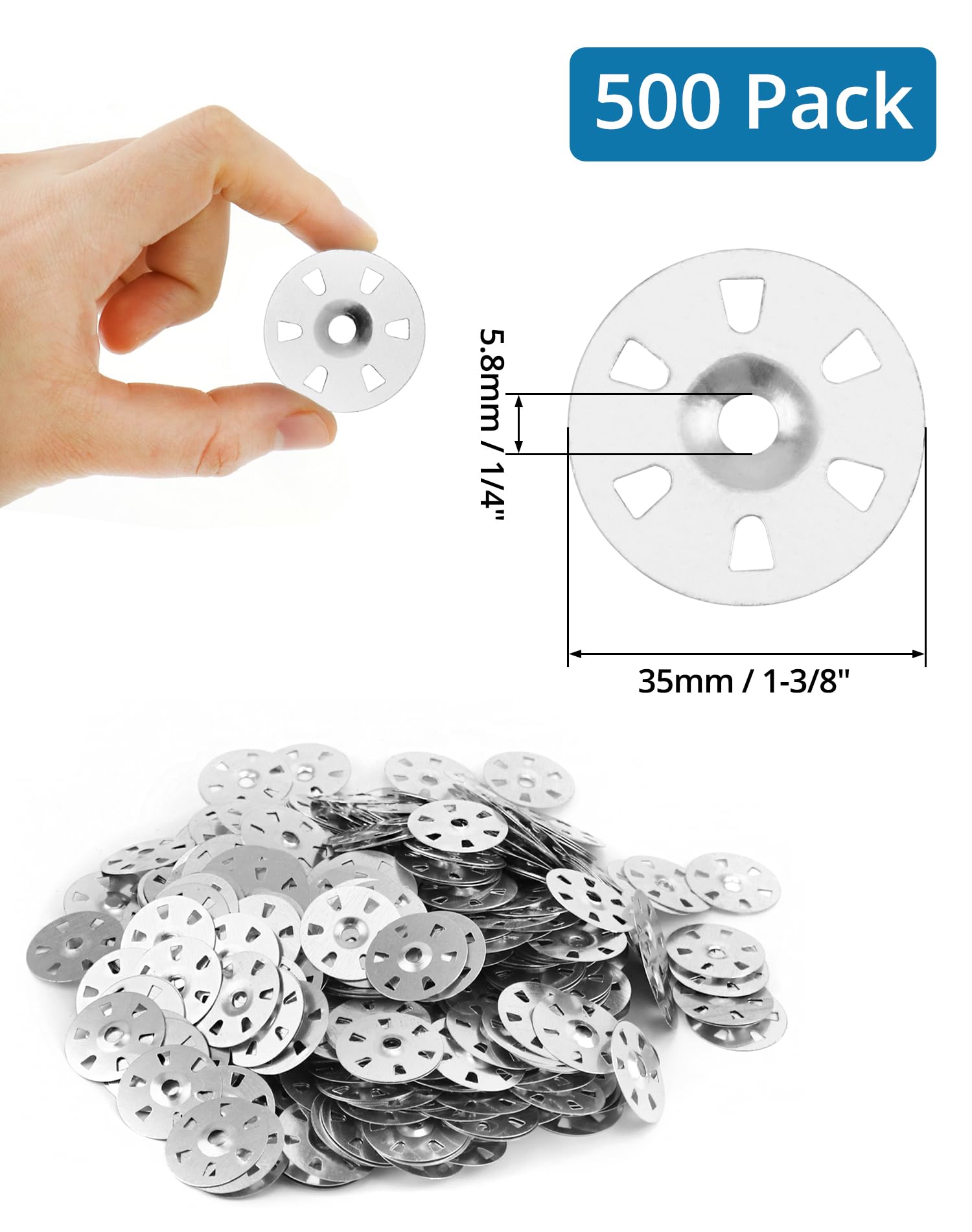 QWORK 500 szt. / opakowanie podkładki ze stali ocynkowanej o średnicy 35 mm z sześcioma otworami, łatwe mocowanie i odporne na korozję podkładki do płyt izolacyjnych, płyt gipsowo-kartonowych i płytek