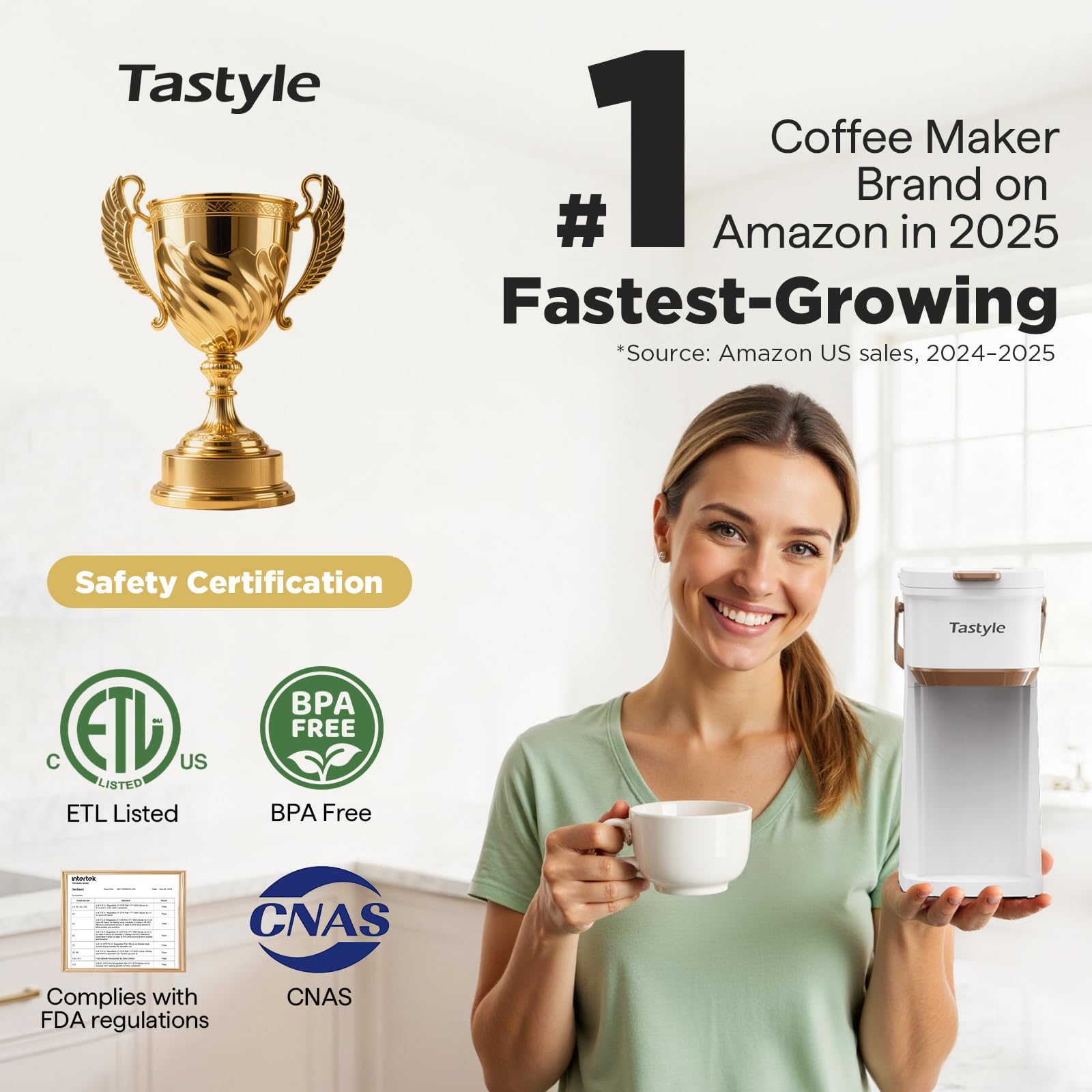 Tastyle Caffettiera a tazza singola per capsule K Cups e caffè macinato, mini macchina da caffè con manico portatile, dimensioni di preparazione da 6 a 12 once, per viaggi, campeggio, ufficio, camper