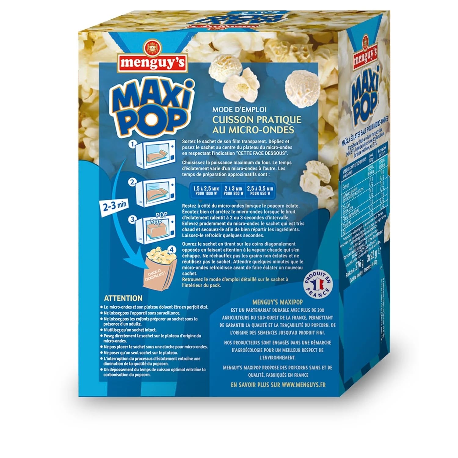 MENGUY'S - Pop-Corn Salé Micro-Ondes - Maxi Pop · Prêt en 2 à 3 Minutes · Le Pop Corn Maison Facile · Accompagnement Soirée TV et Match entre Amis - les 3 sachets de 92 g - 276g - Le Lot De 4