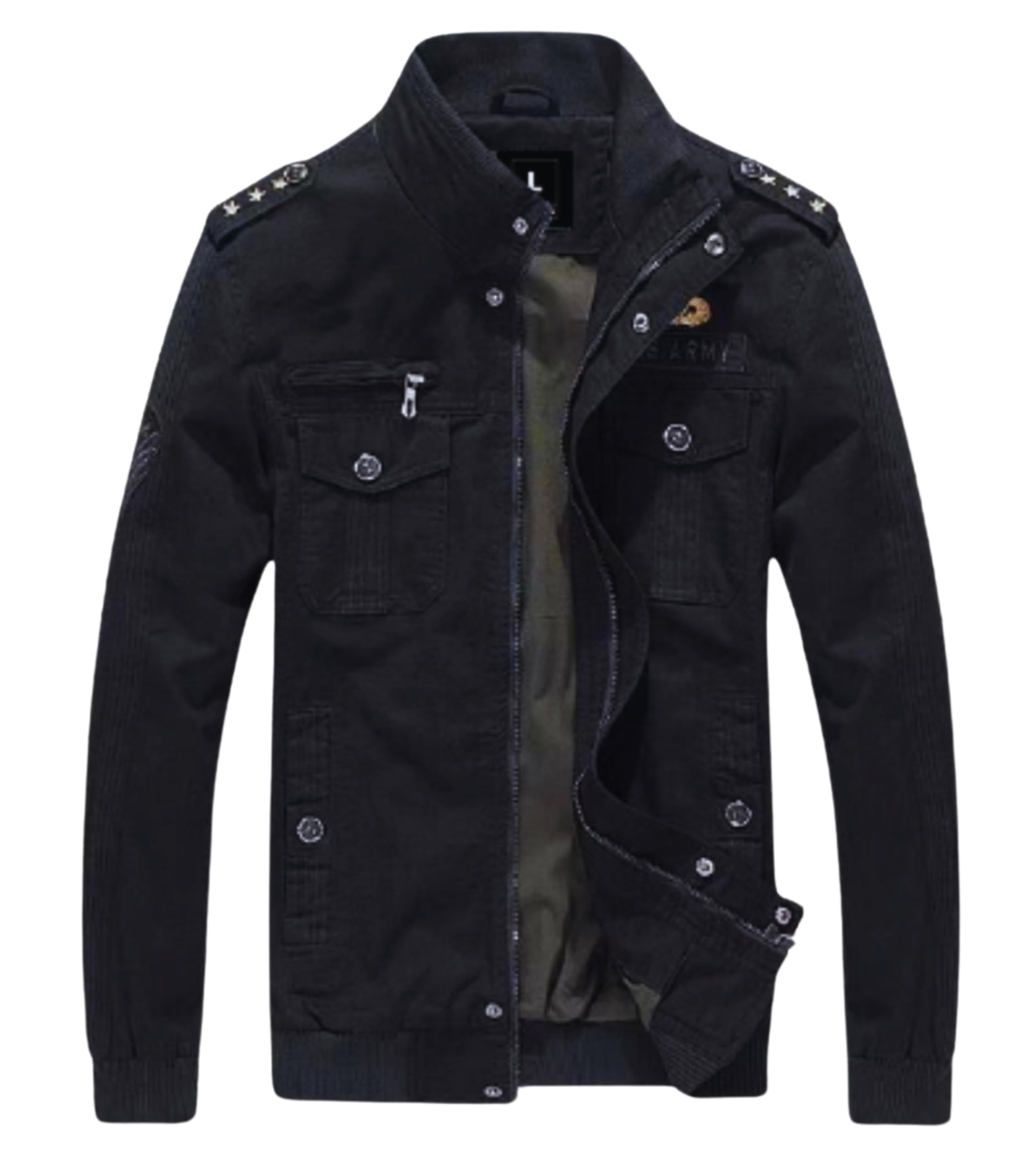 L'MONTE Men's Imported Military Style Standard Length Cotton Cargo Jacket with Polyester Lining, Windproof and Warm Casual Outdoor Coat Perfect for Early to Late Winter (L, Black)