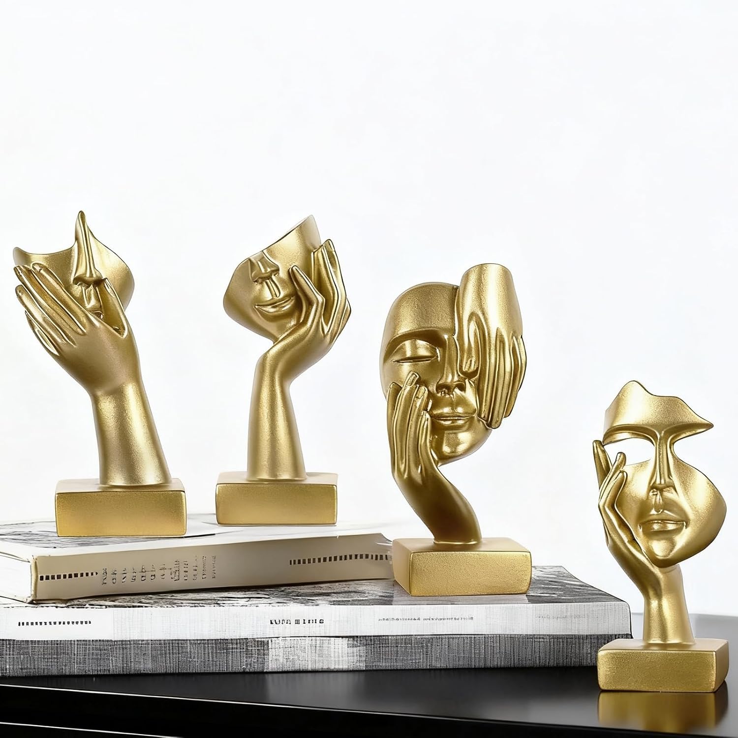 Gold Abstract Thinker Figurine Set of 4 for Shelf Decor, TV Stand Decor, Coffee Table Decorative, Resin Gold Decora Face Sculpture for Living Room, Desk, Office, Bookcase, Bedroom Desktop Decorative