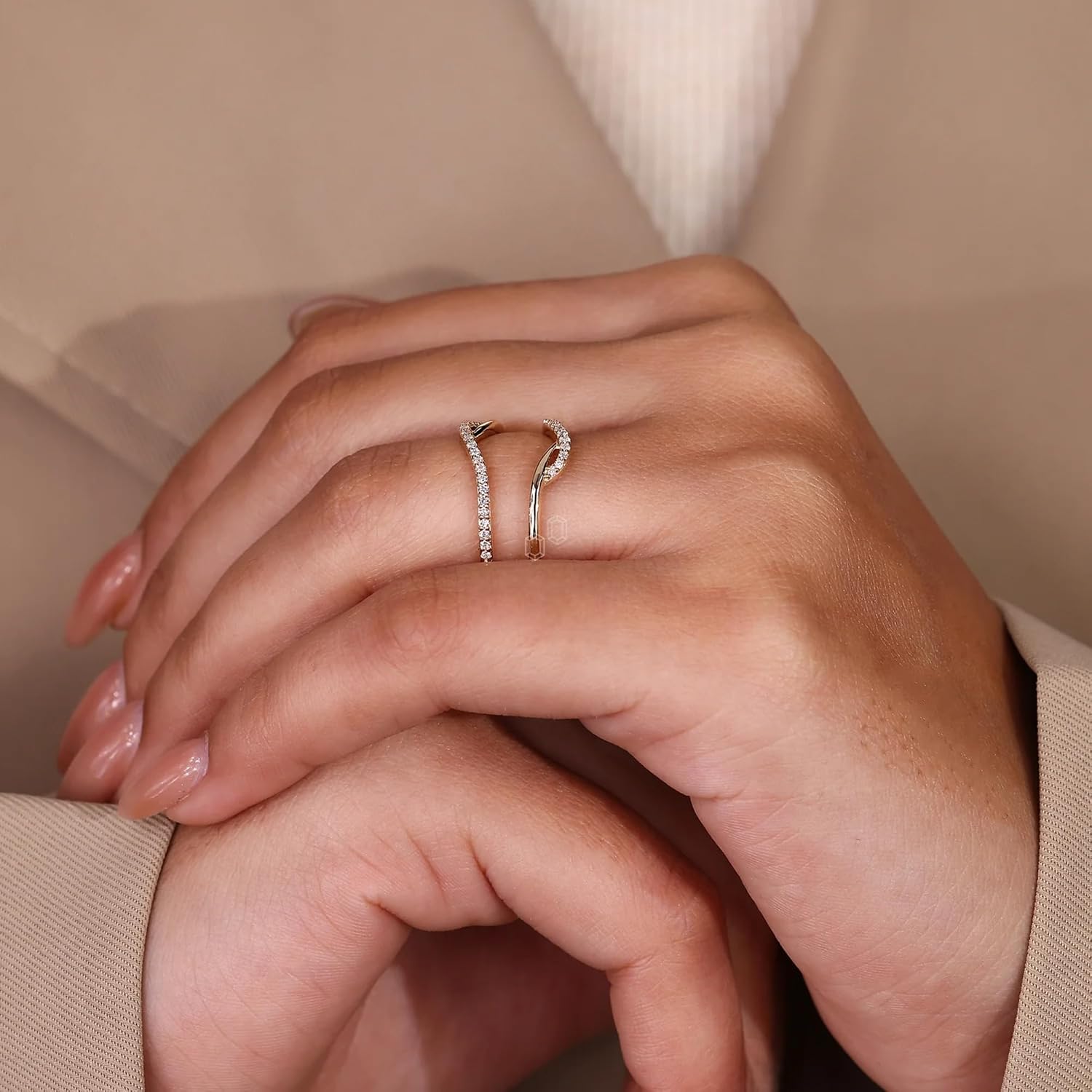HANDMADE Round Cut Moissanite Curved Enhancer Wedding Band, 925 Sterling Silver, 14k Yellow Gold Plated, Open Wrap Guard Ring for Bride