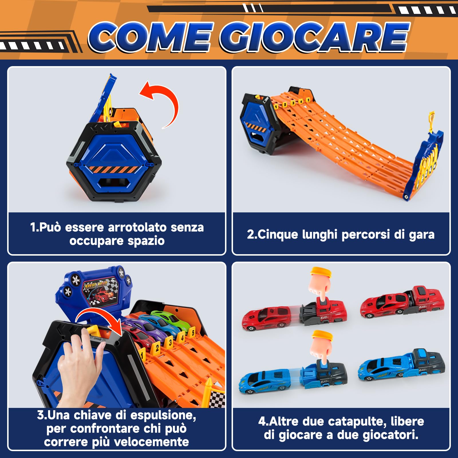 BuzzoXerex 5 in 1 Macchine Pista, Camion Trasportatore con 5 Auto, Giocattolo Pista da Corsa Storage Bucket per Bambini, Regalo di Macchinina Giocattolo per Bambino 3 4 5 6 7 8 Anni