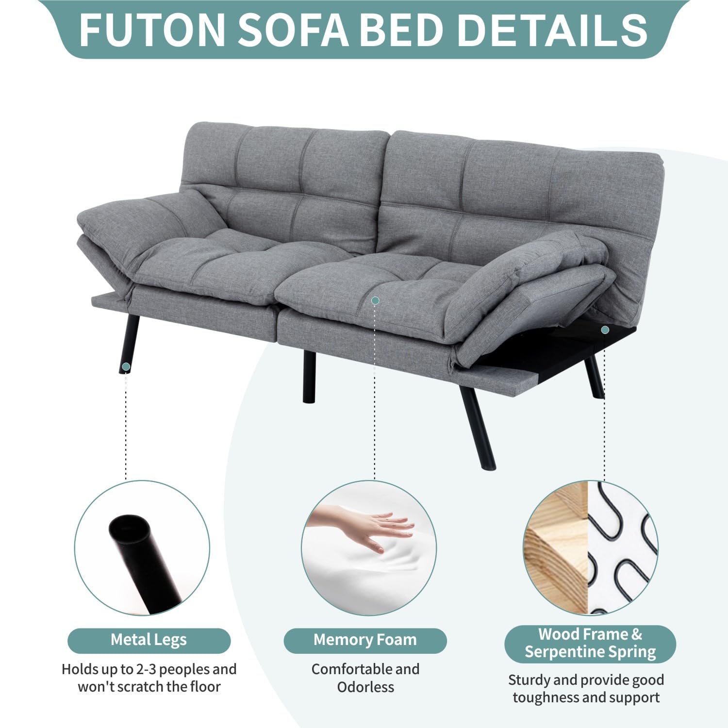 MUUEGM 71" Futon Sofa Bed with Memory Foam,Futon Couch with Adjust Backrest and Armrest, Couches Bed for Living Room,Studios, Apartments, Dormitories, Offices and Game Rooms. Light Grey Sofa Bed