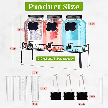 Lallisa 3 Pcs 2 Gallon Glass Drink Dispenser with Stand and Lid Mason Jar Beverage Dispenser with Stainless Steel Spigot, Hanging Chalkboard Signs, Fruit Infuse, Ice Cylinder, Liquid Pen (Black)